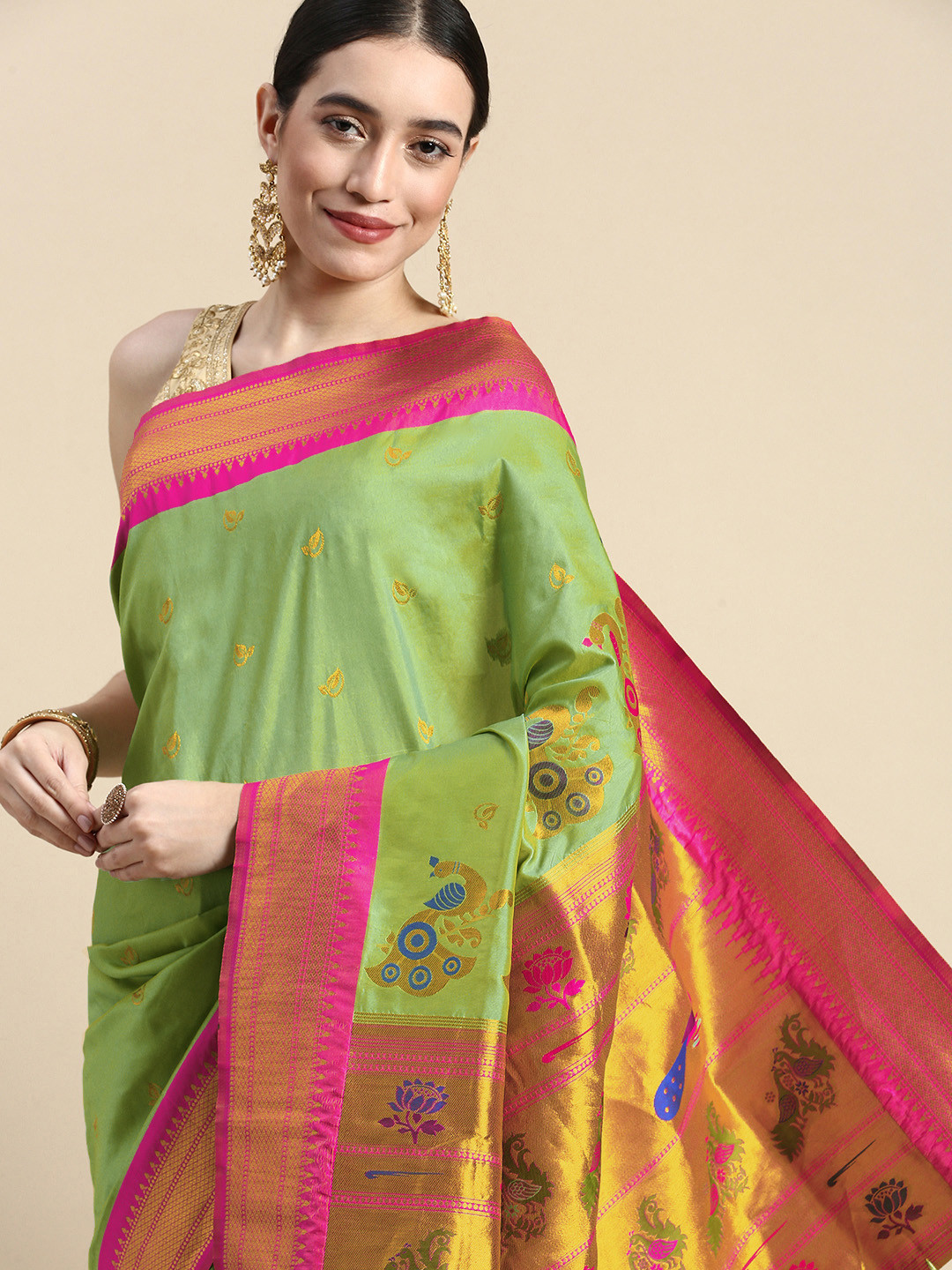 

Royal Rajgharana Saree Woven Design Ethnic Motifs Zari Art Silk Saree, Sea green