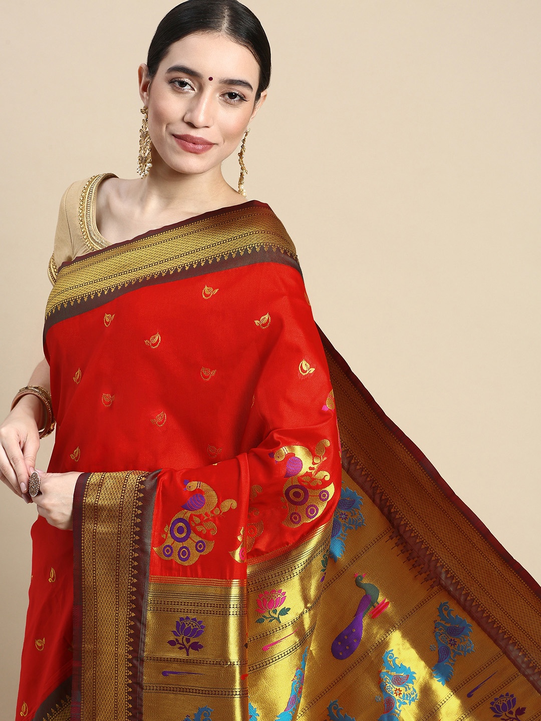 

Royal Rajgharana Saree Woven Design Ethnic Motifs Zari Art Silk Saree, Red