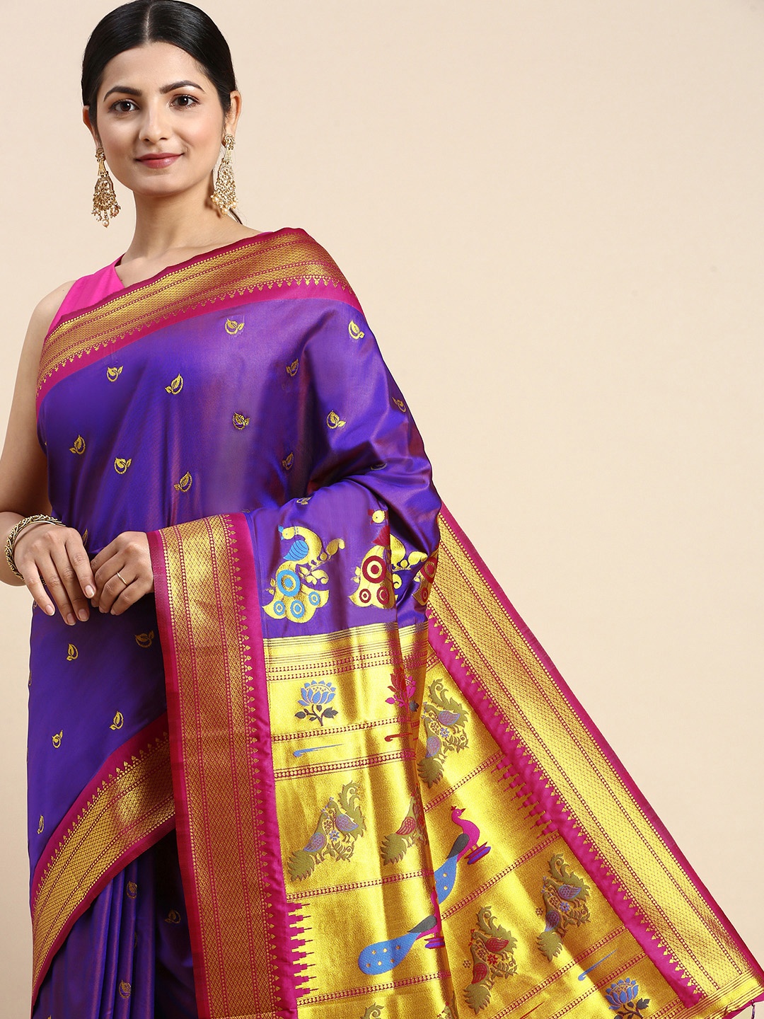 

Royal Rajgharana Saree Woven Design Ethnic Motifs Zari Art Silk Saree, Purple