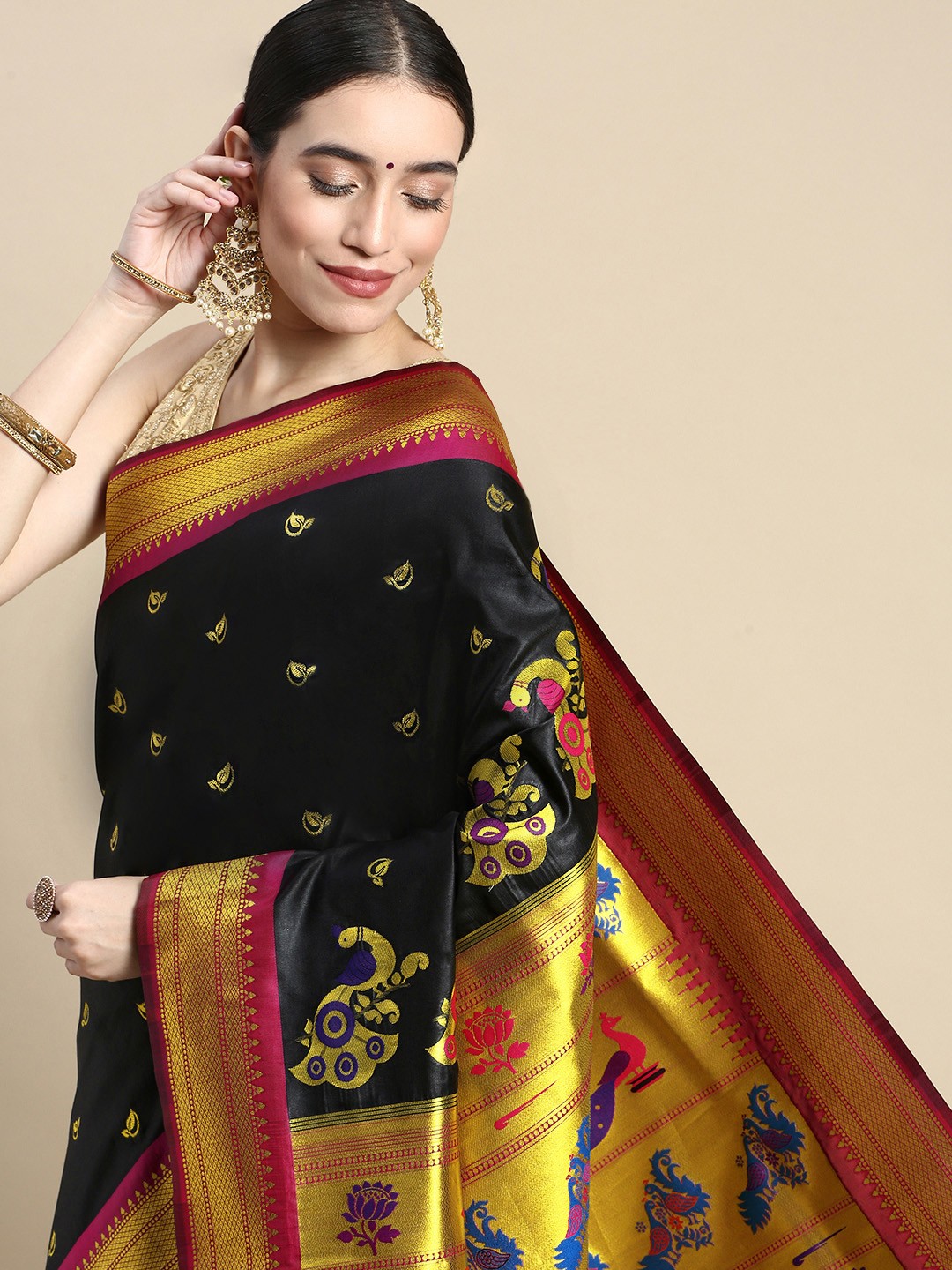 

Royal Rajgharana Saree Woven Design Ethnic Motifs Zari Art Silk Saree, Black
