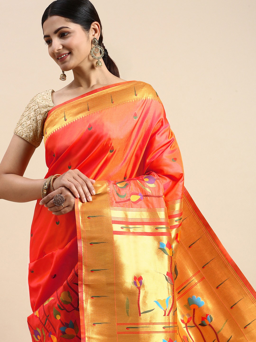 

Royal Rajgharana Saree Floral Art Silk Paithani Saree, Orange