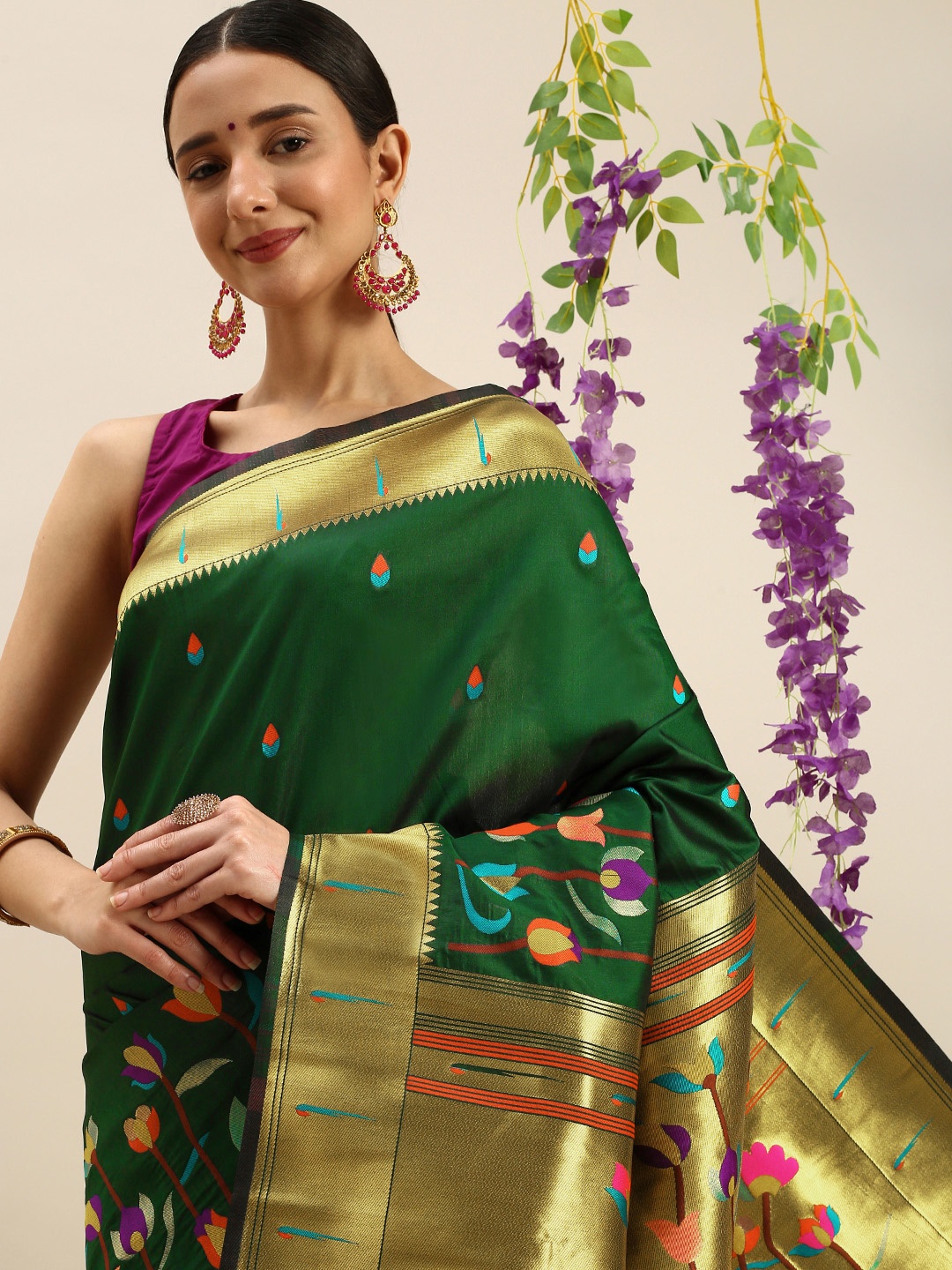 

Royal Rajgharana Saree Floral Zari Art Silk Paithani Saree, Green