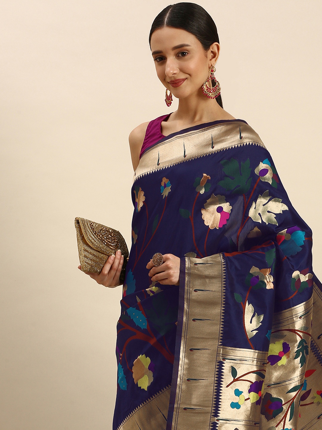 

Royal Rajgharana Saree Floral Art Silk Paithani Saree, Navy blue