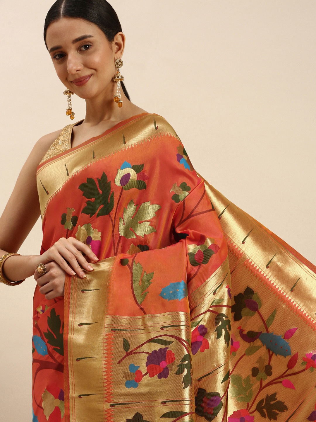 

Royal Rajgharana Saree Floral Art Silk Paithani Saree, Orange