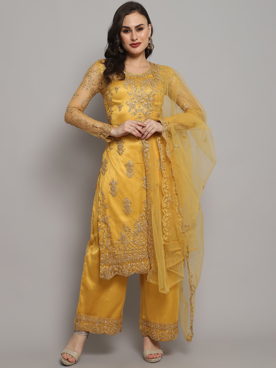 

Stylee LIFESTYLE Yellow & Gold-Toned Embellished Unstitched Dress Material