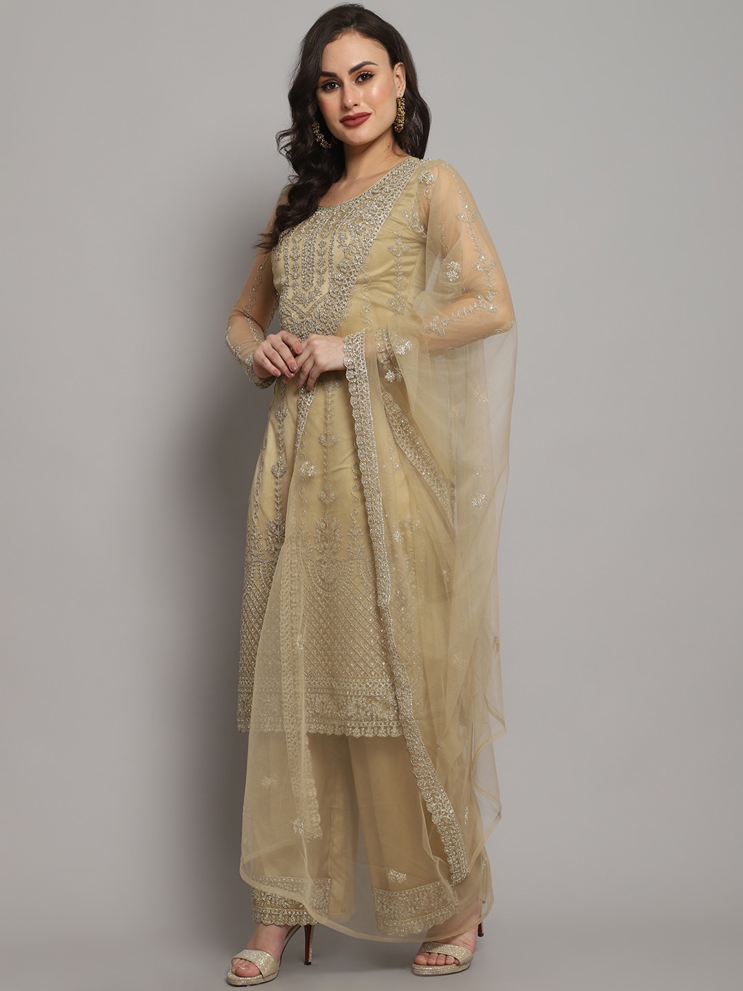 

Stylee LIFESTYLE Beige & Silver-Toned Embroidered Unstitched Dress Material