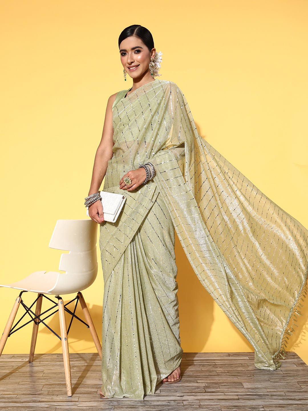 

Satrani Striped Sequinned Embellished Saree, Green