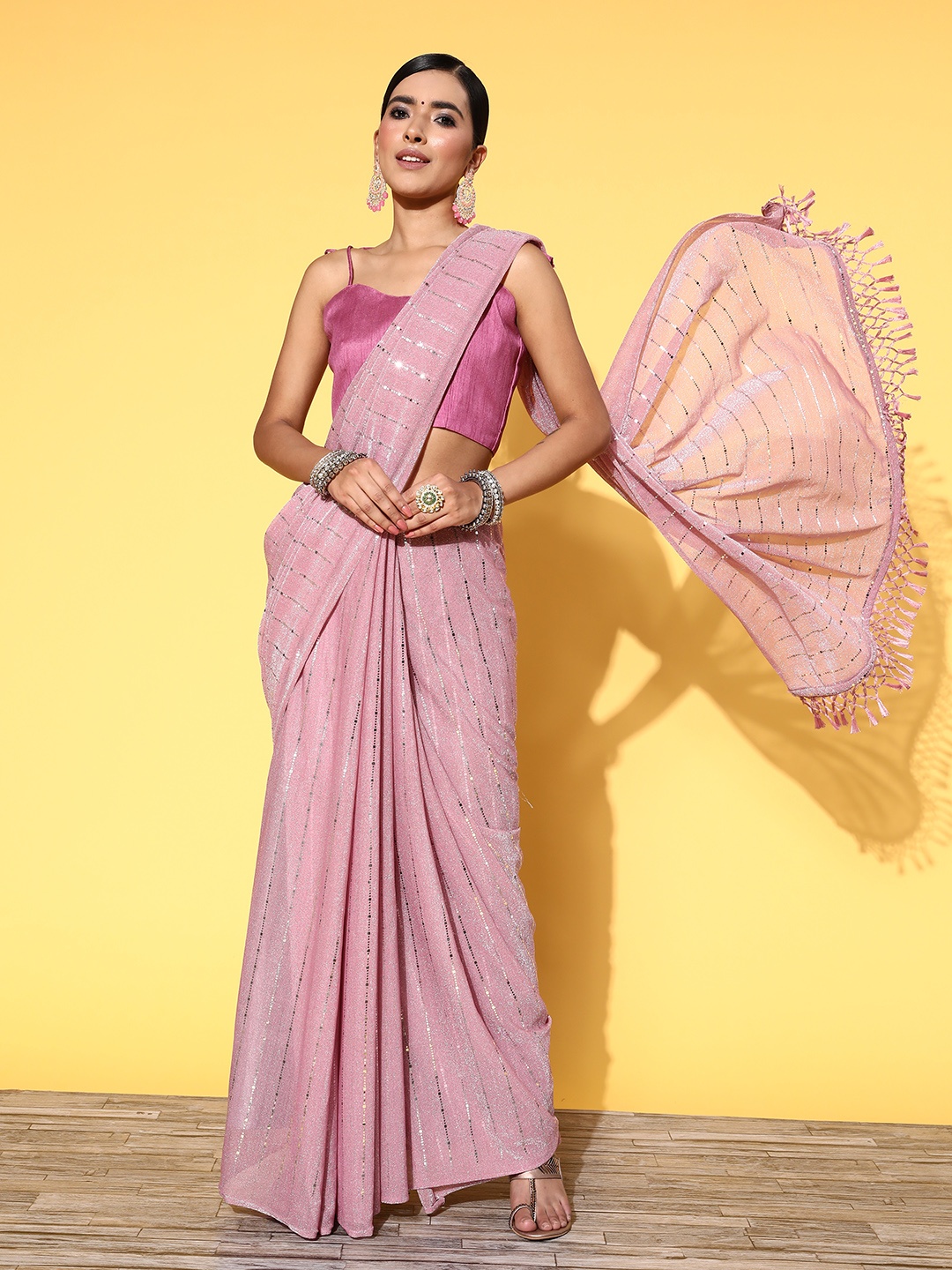 

Satrani Striped Sequinned Embellished Saree, Pink