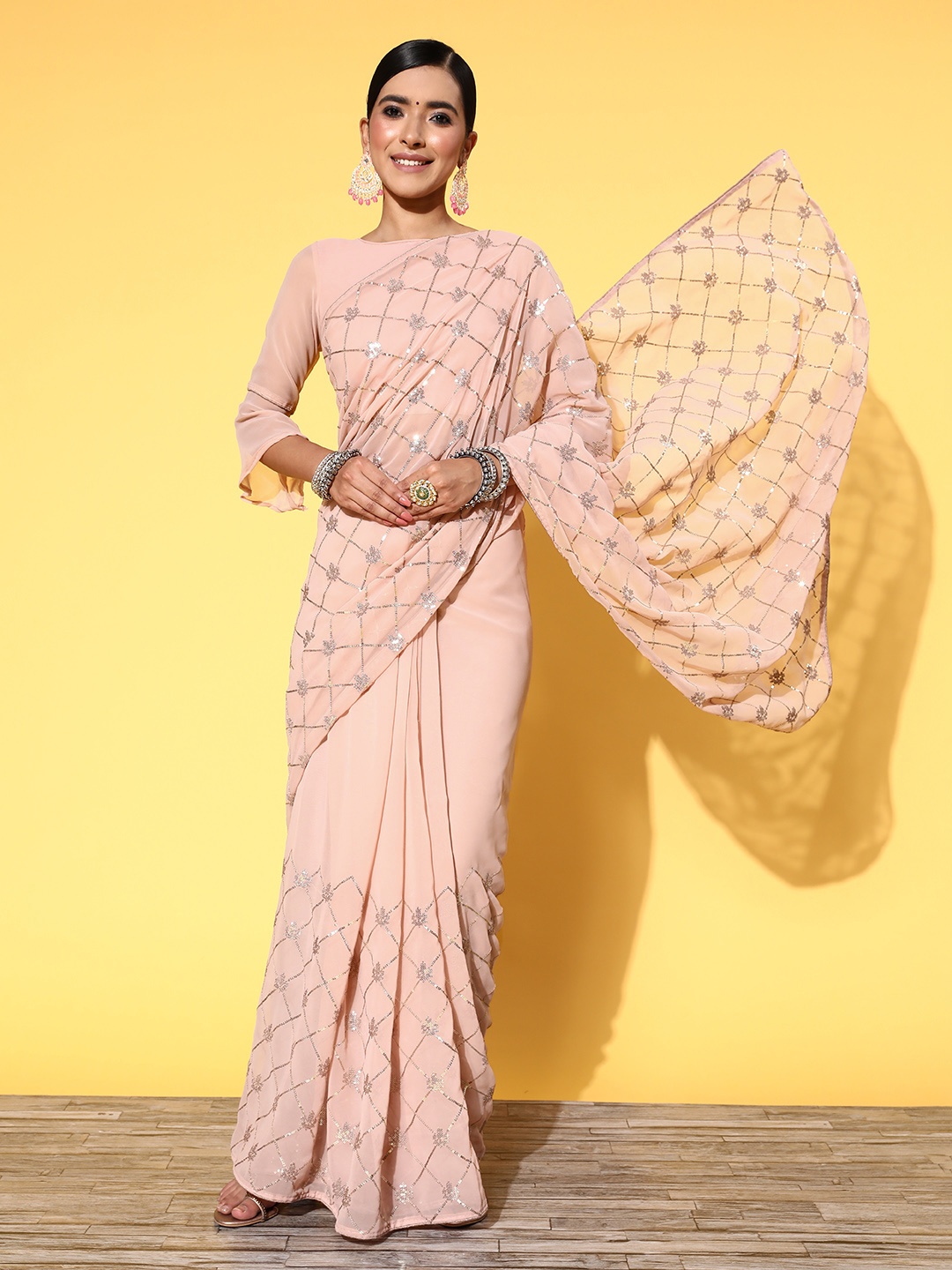 

Satrani Pink & Silver-Toned Sequinned Embellished Saree