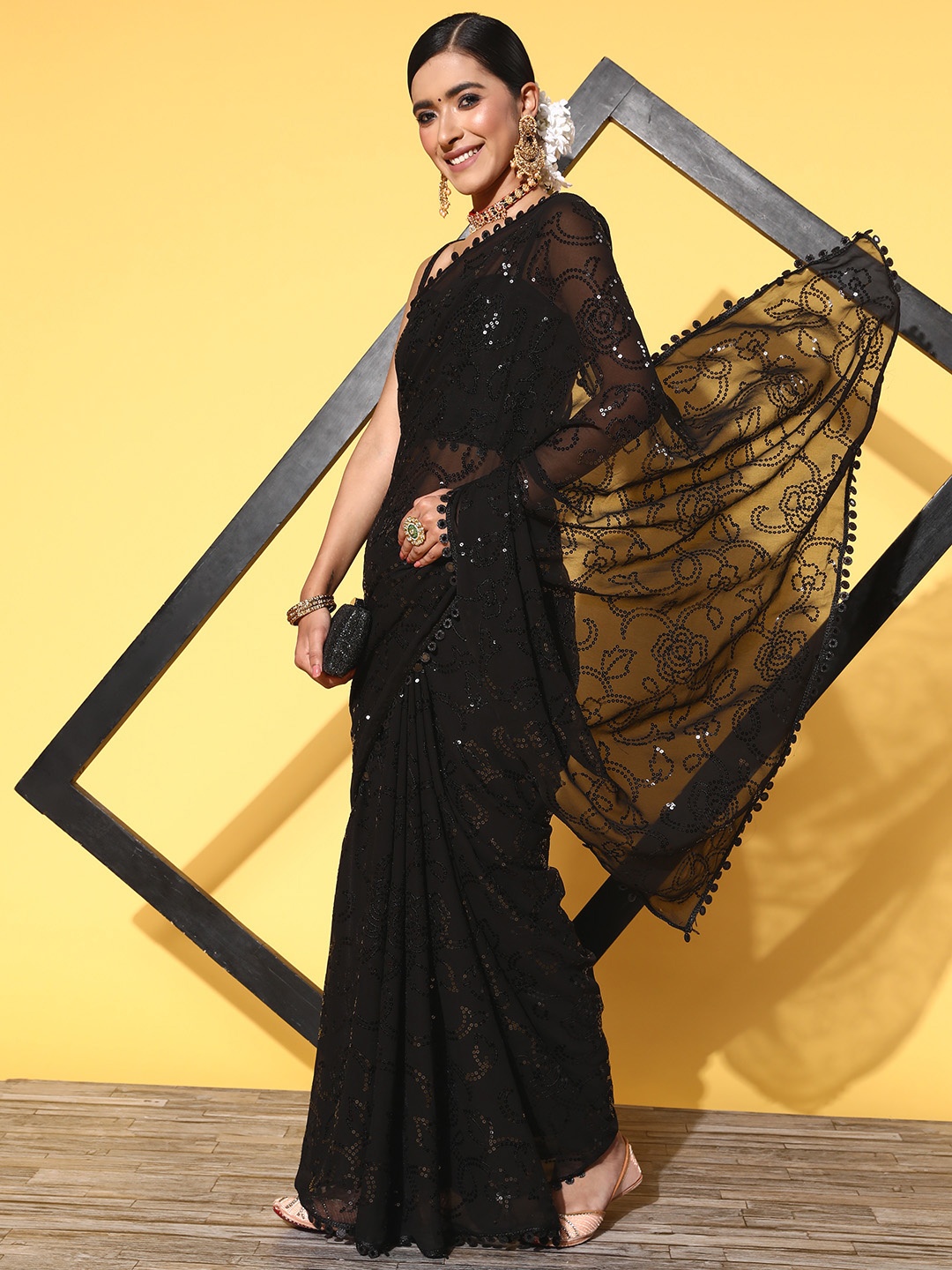 

Satrani Black Embellished Sequinned Saree