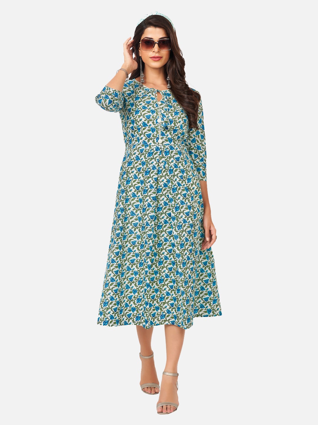 

SALWAR STUDIO Blue Floral Tie-Up Neck Midi Dress