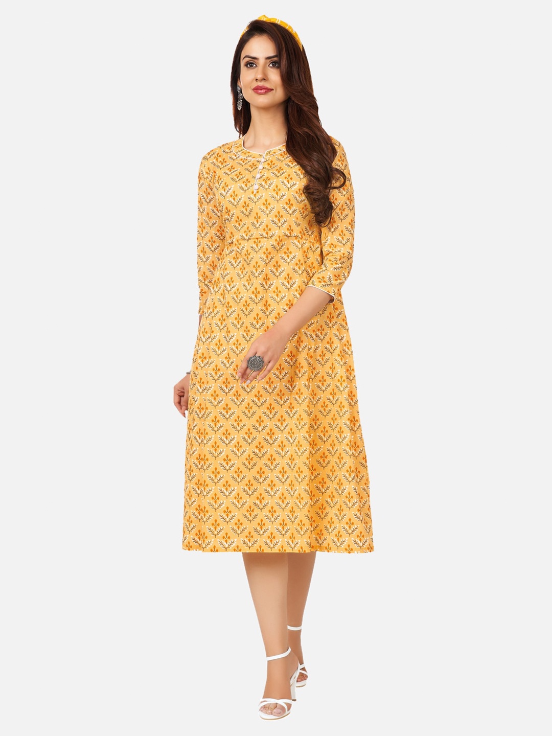

SALWAR STUDIO Yellow Ethnic Motifs A-Line Midi Dress