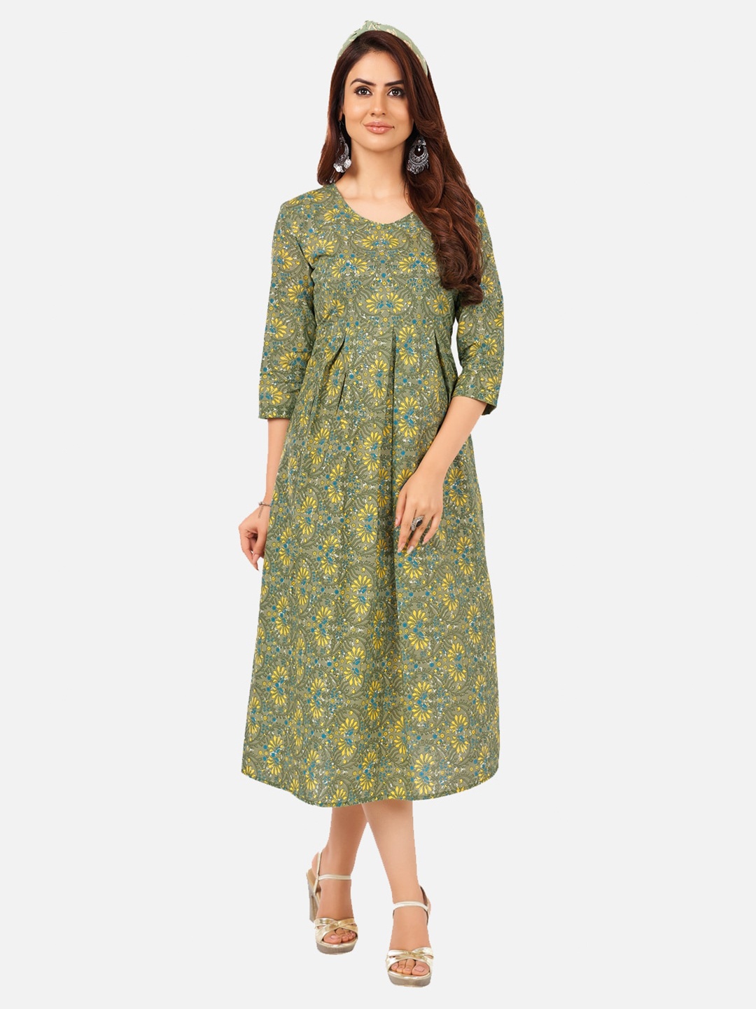

SALWAR STUDIO Grey Floral Printed Empire Midi Dress