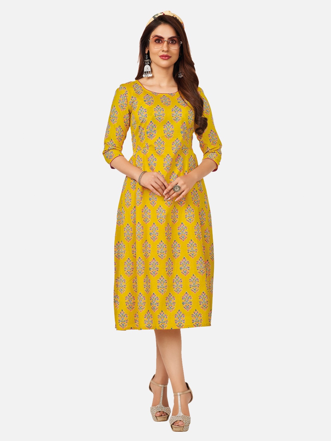 

SALWAR STUDIO Yellow Floral A-Line Cotton Midi Dress
