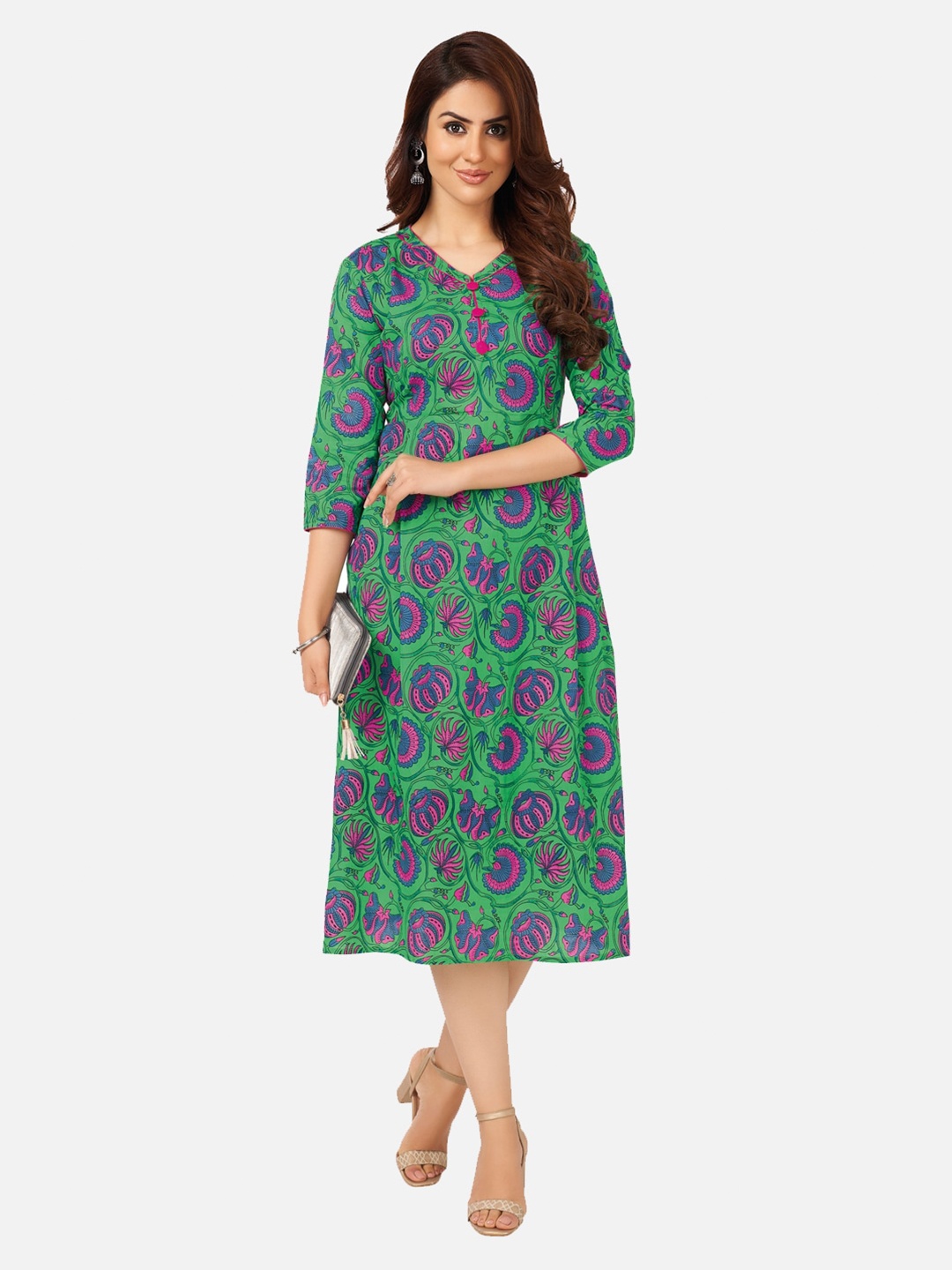 

SALWAR STUDIO Green & Blue Floral Printed Cotton A-Line Midi Dress