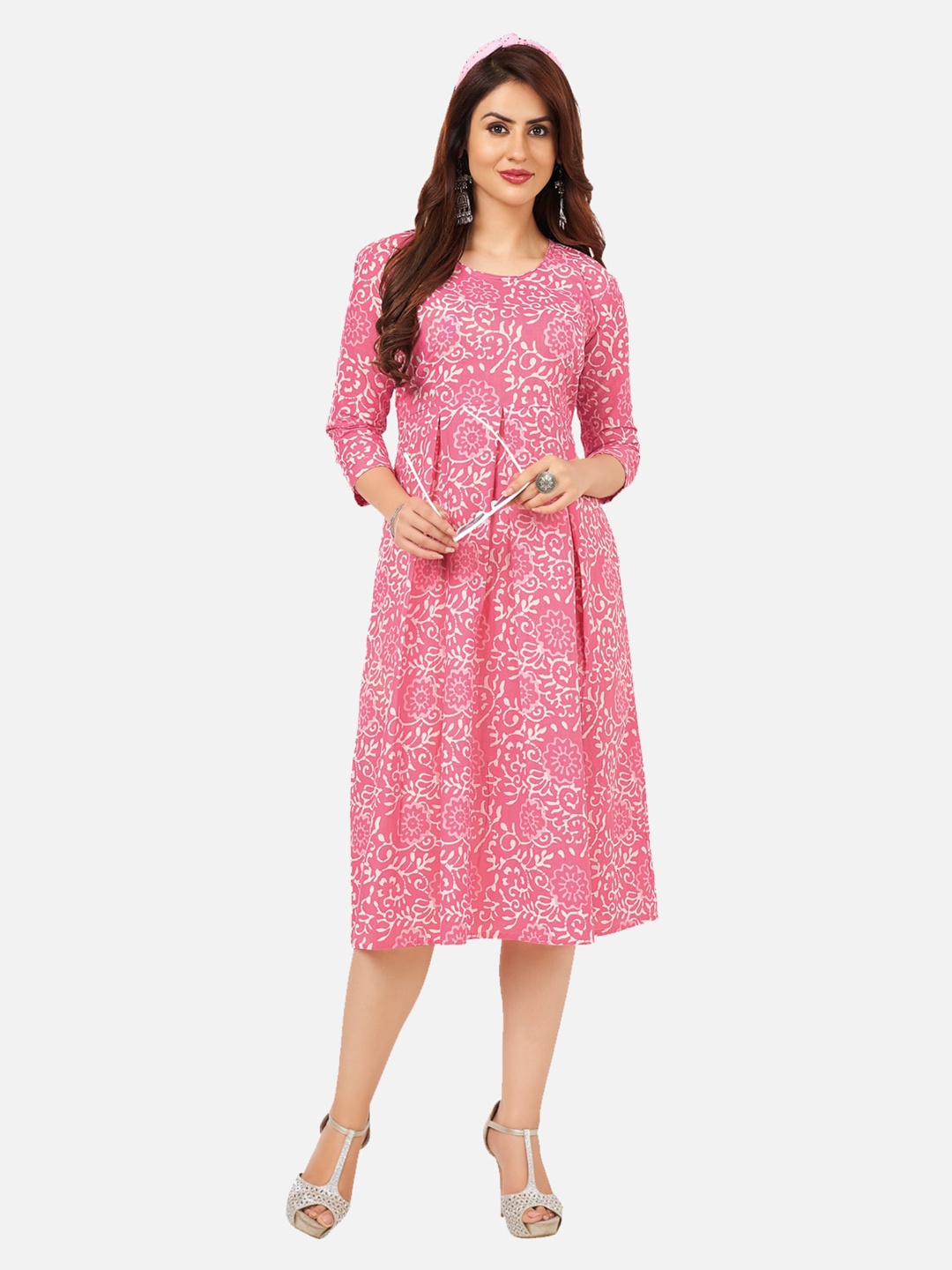 

SALWAR STUDIO Pink & Off White Floral Printed Cotton A-Line Midi Dress