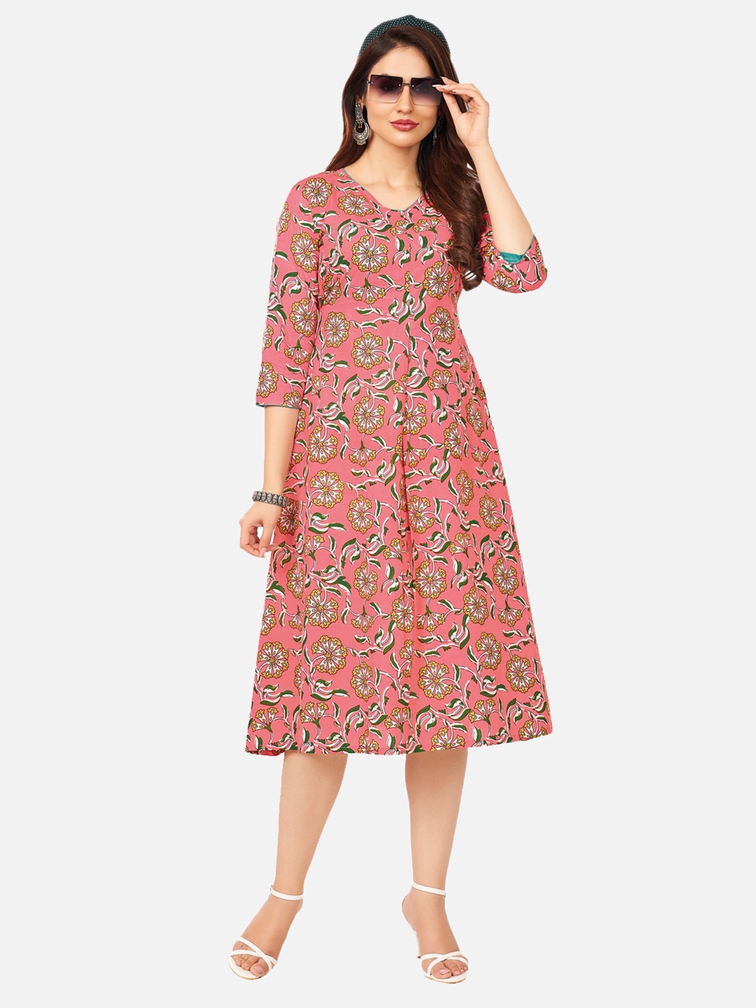 

SALWAR STUDIO Pink Floral A-Line Midi Cotton Dress