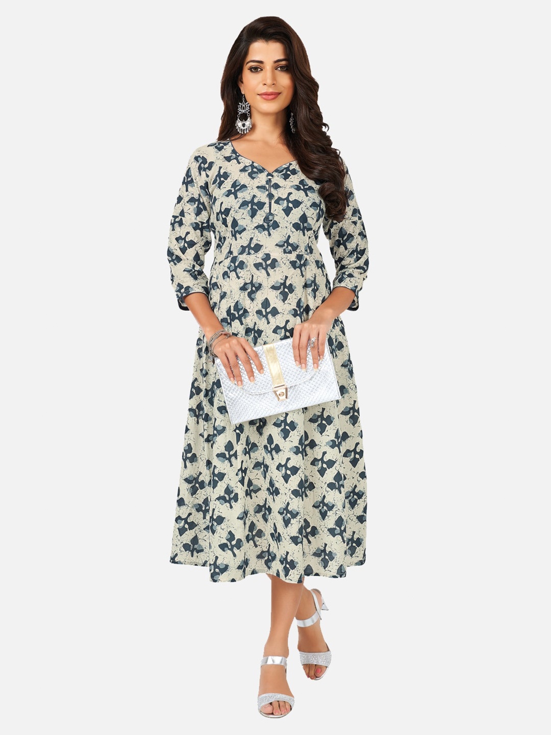 

SALWAR STUDIO Grey & Blue Cotton Floral A-Line Midi Dress