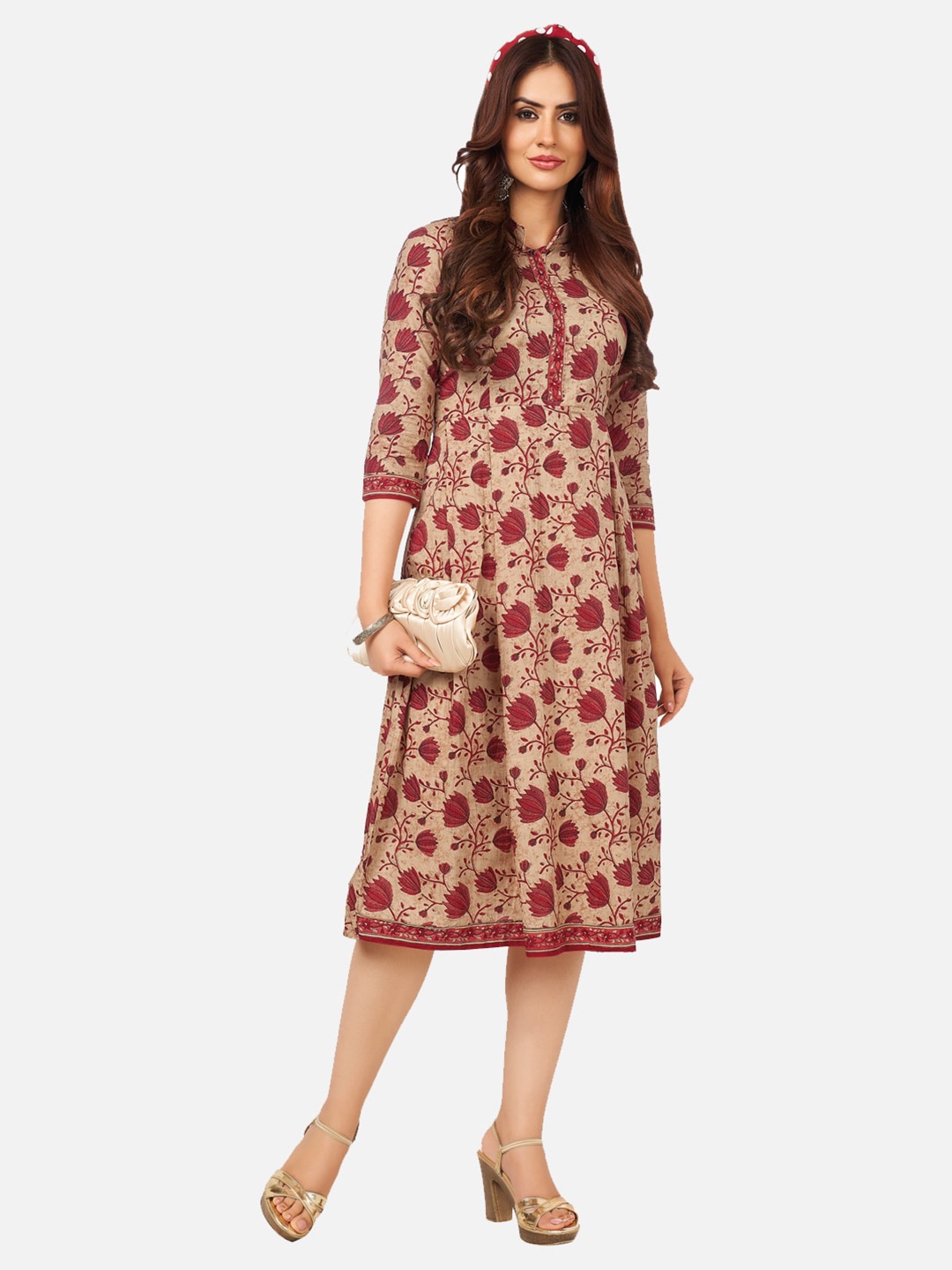 

SALWAR STUDIO Beige Floral Cotton A-Line Midi Dress