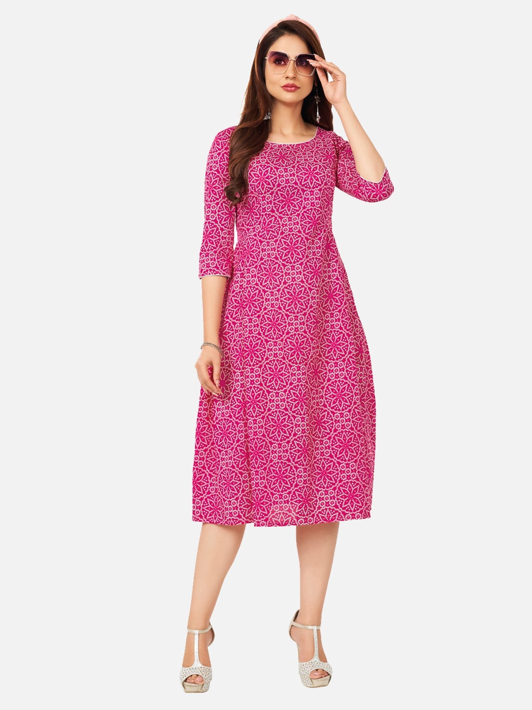 

SALWAR STUDIO Pink Floral A-Line Midi Dress