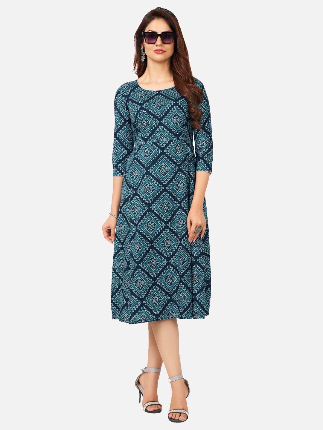 

SALWAR STUDIO Blue Ethnic Motifs Cotton A-Line Midi Dress