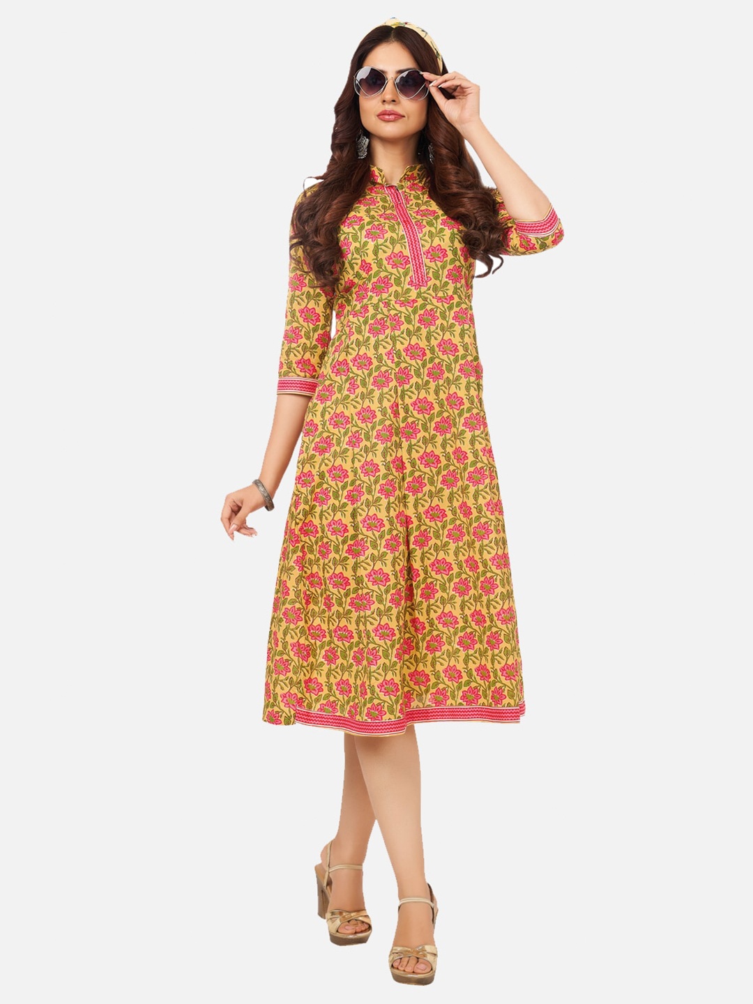 

SALWAR STUDIO Yellow & Pink Cotton Floral Ethnic A-Line Dress
