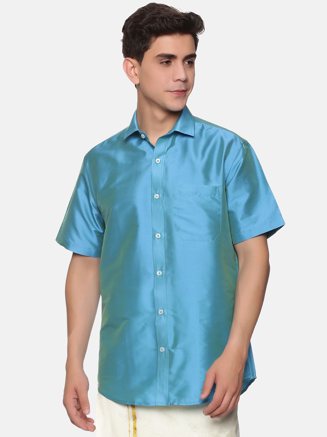 

Sethukrishna Men Turquoise Blue Silk Standard Casual Shirt