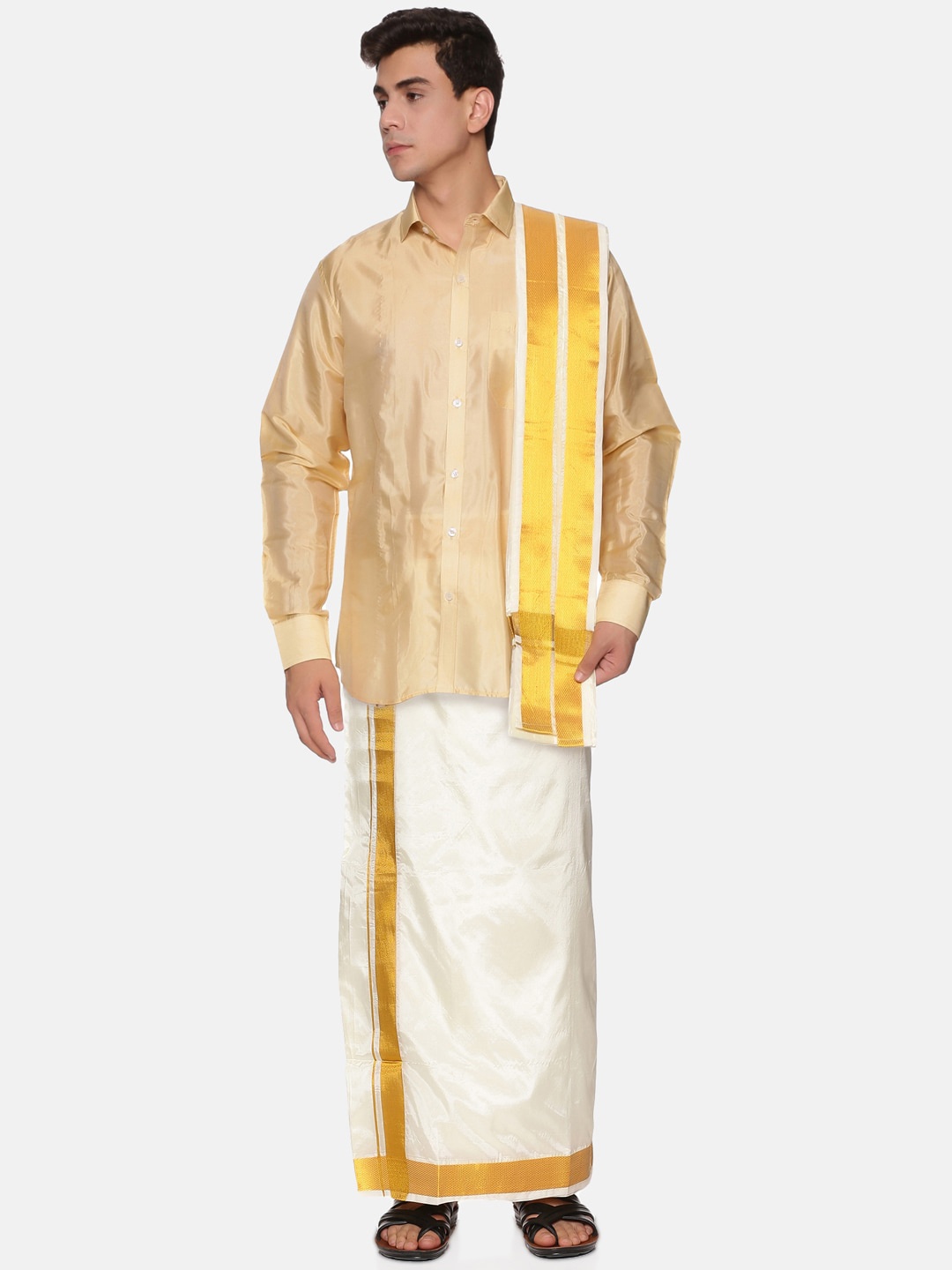 

Sethukrishna Men Beige & White Shirt With Dhoti Pants