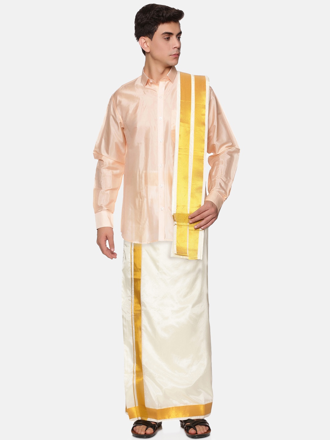 

Sethukrishna Men Orange & White Shirt With Dhoti Pants