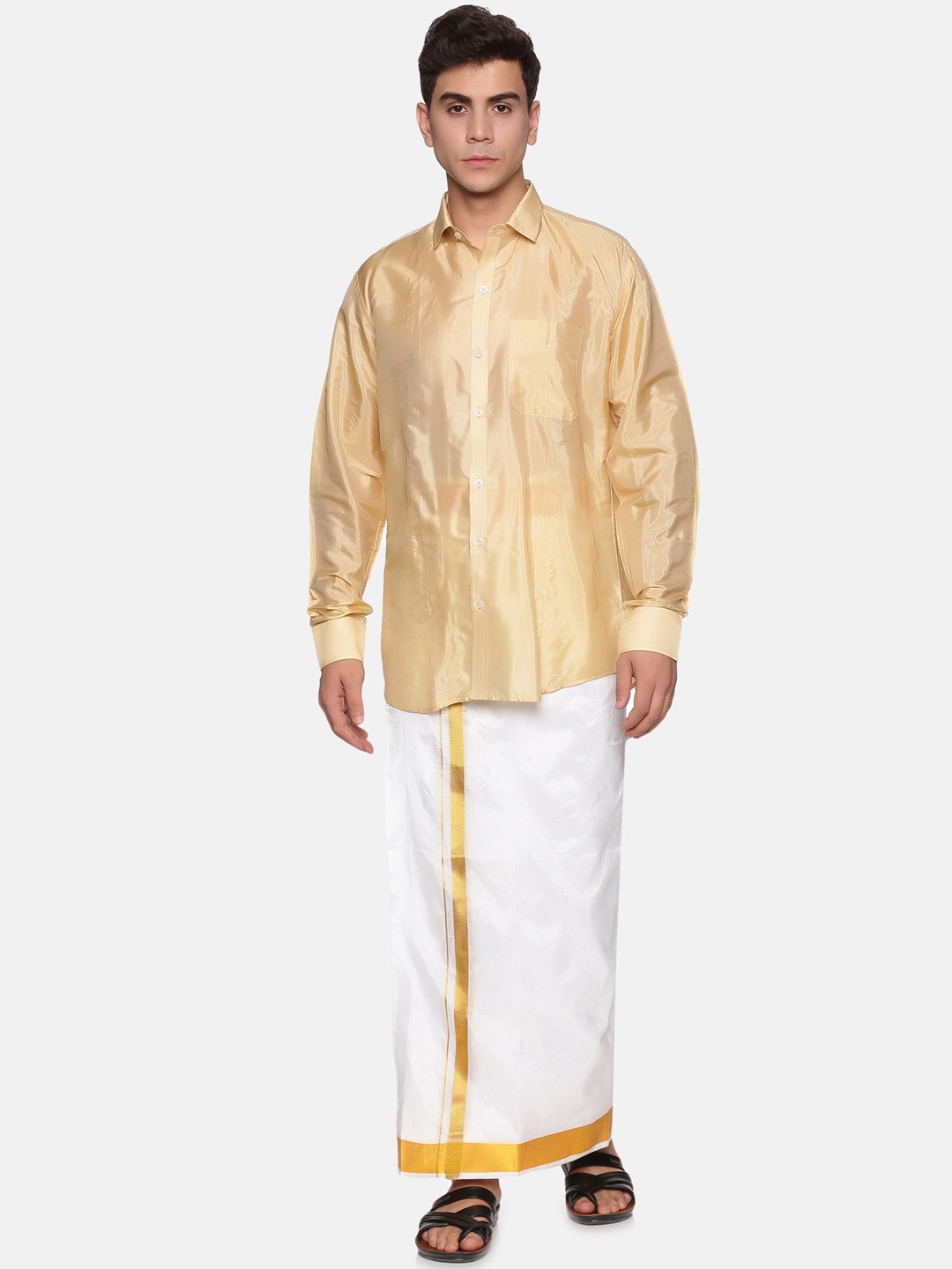 

Sethukrishna Men Beige & White Shirt With Dhoti Pants