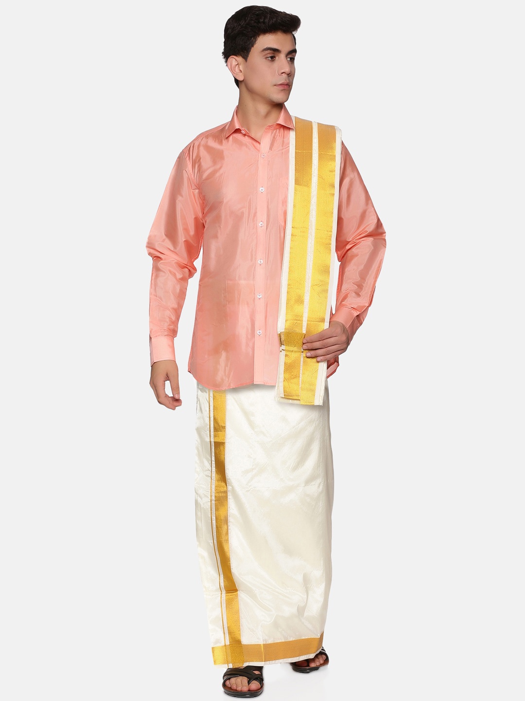 

Sethukrishna Men Peach-Coloured & White Shirt With Dhoti Pants