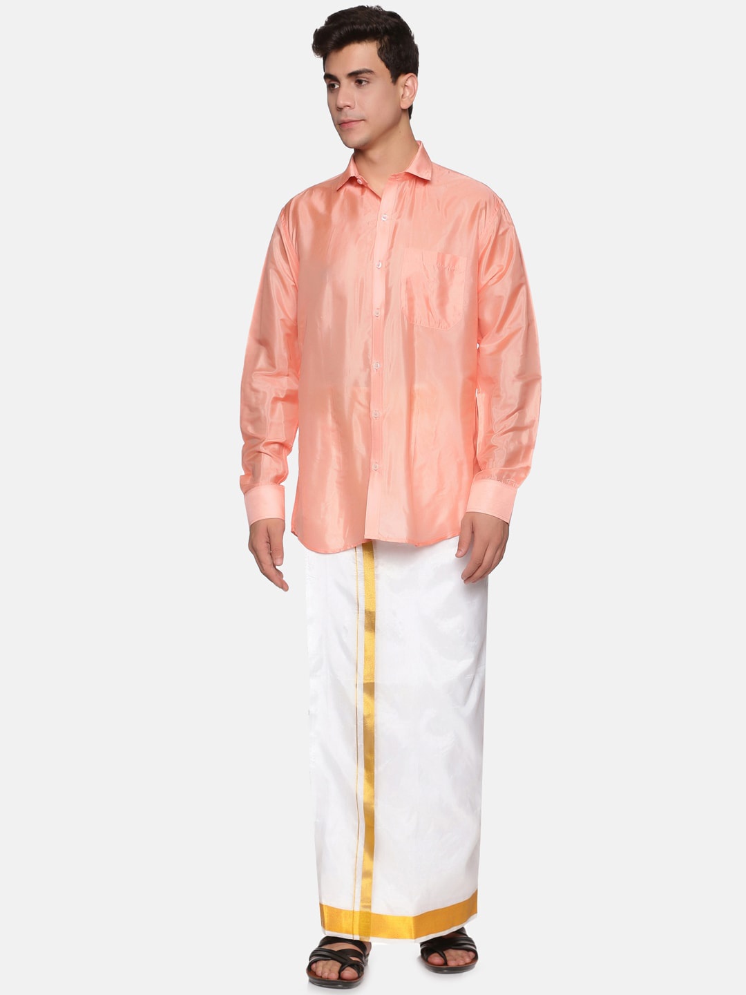 

Sethukrishna Men Peach-Coloured & White Shirt With Dhoti Pants