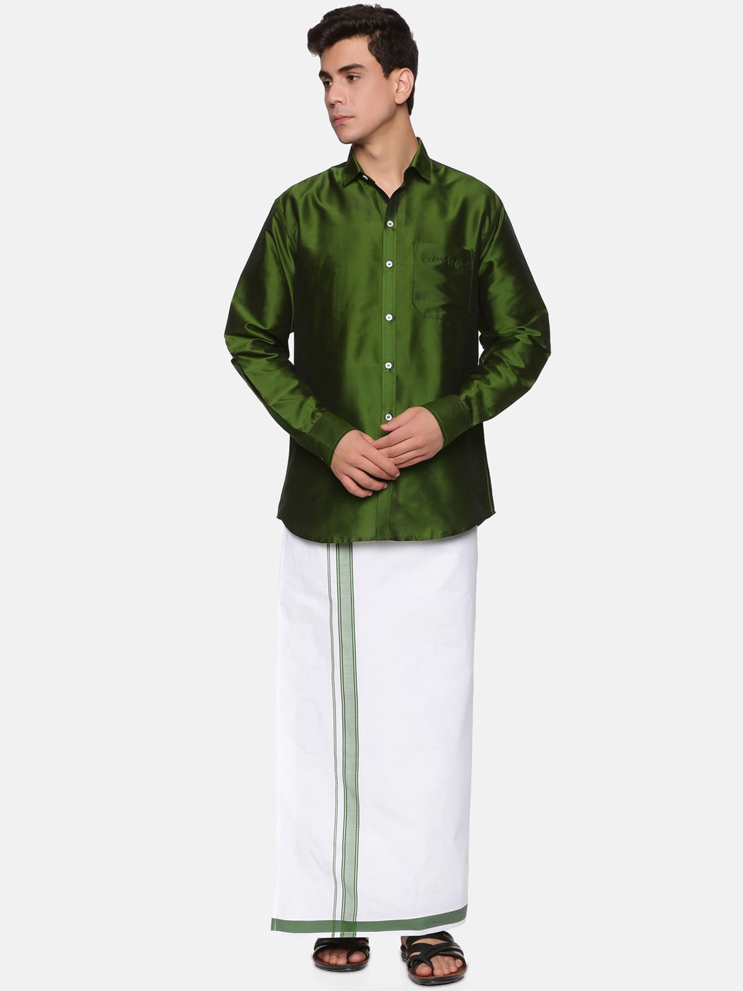 

Sethukrishna Men Olive Green & White Shirt With Dhoti Pants
