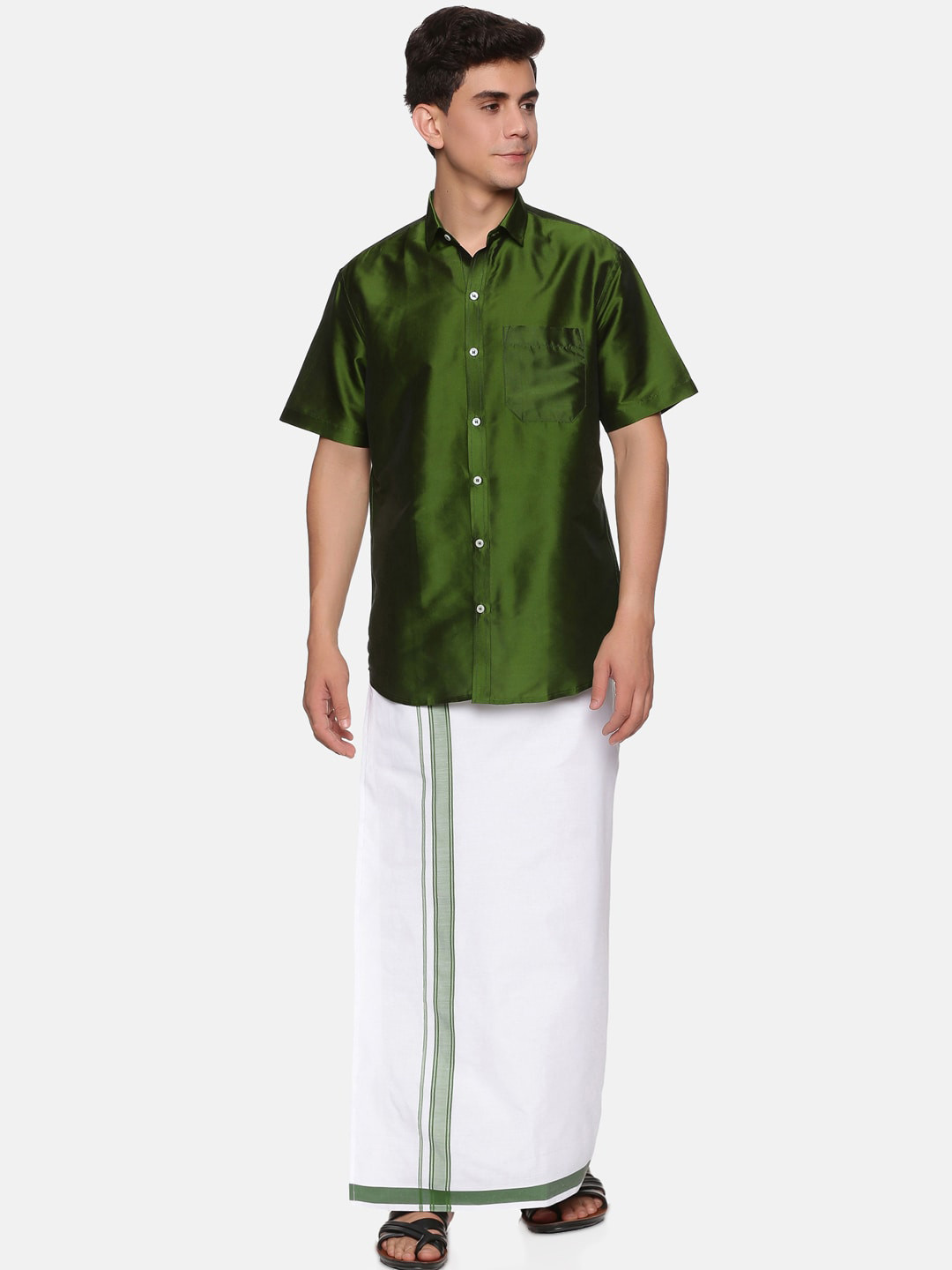 

Sethukrishna Men Olive Green & White Shirt With Dhoti Pants