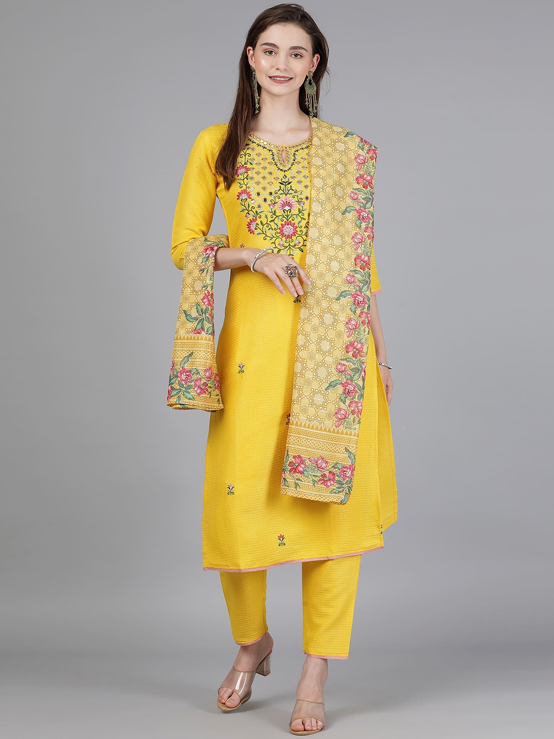 

Berrylicious Women Yellow Floral Yoke Design Thread Work Kurta With Trousers & Dupatta