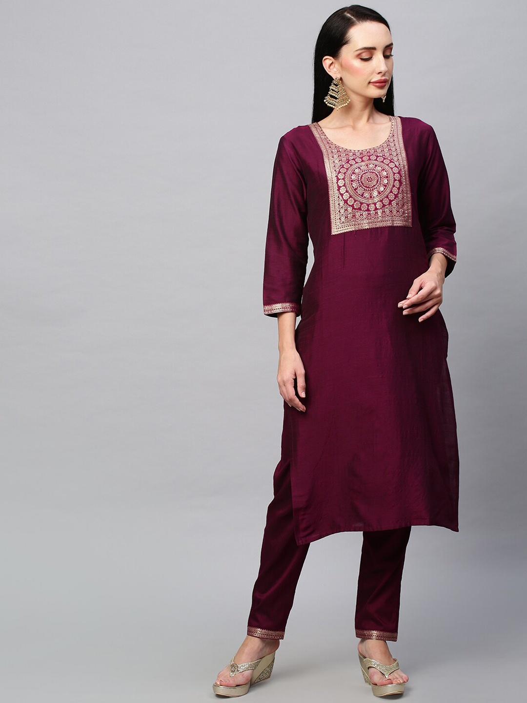 

POONAM DESIGNER Women Maroon Ethnic Motifs Yoke Design Kurta with Trouser & Dupatta