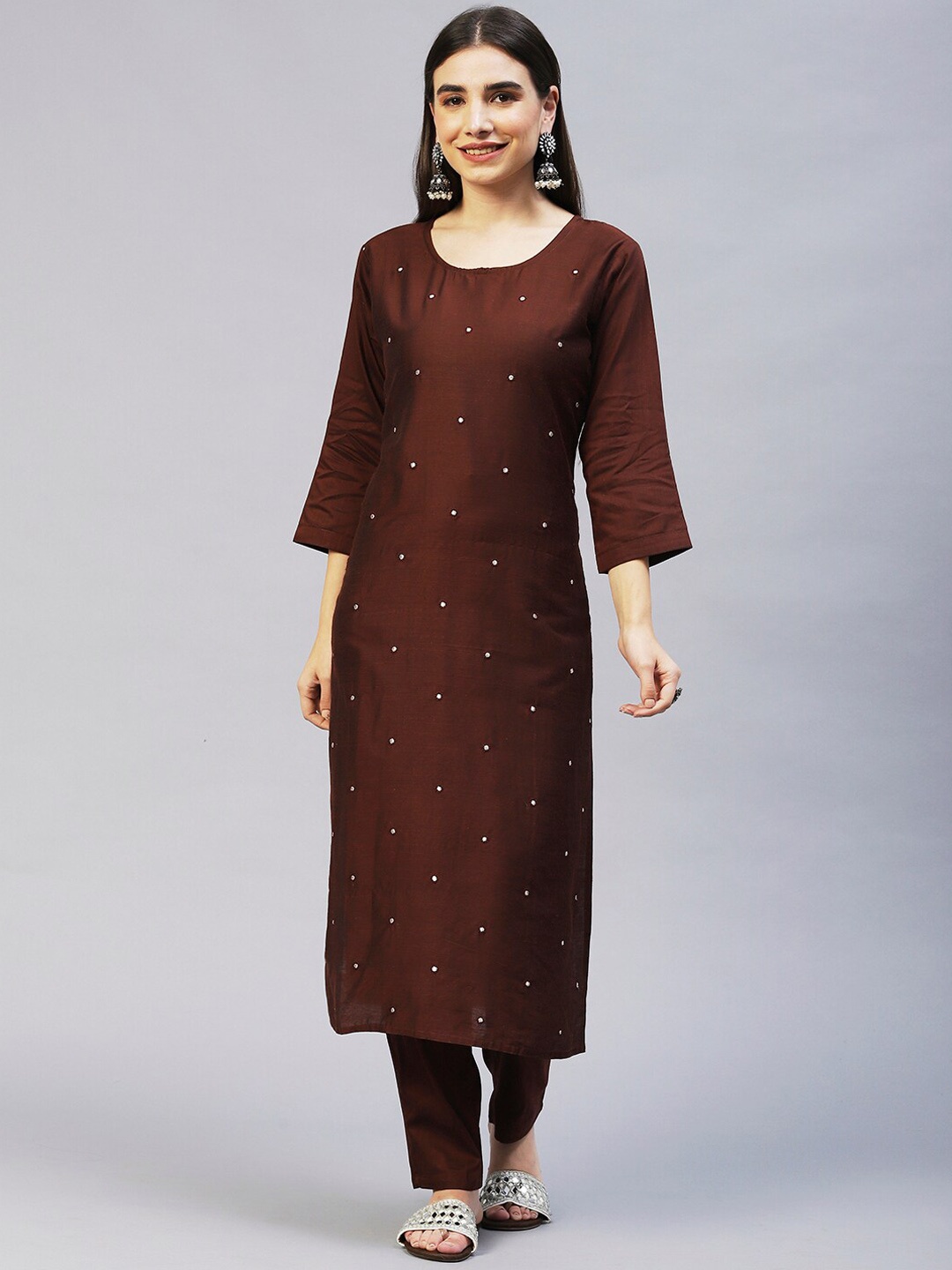 

POONAM DESIGNER Women Coffee Brown Embroidered Kurta With Trousers
