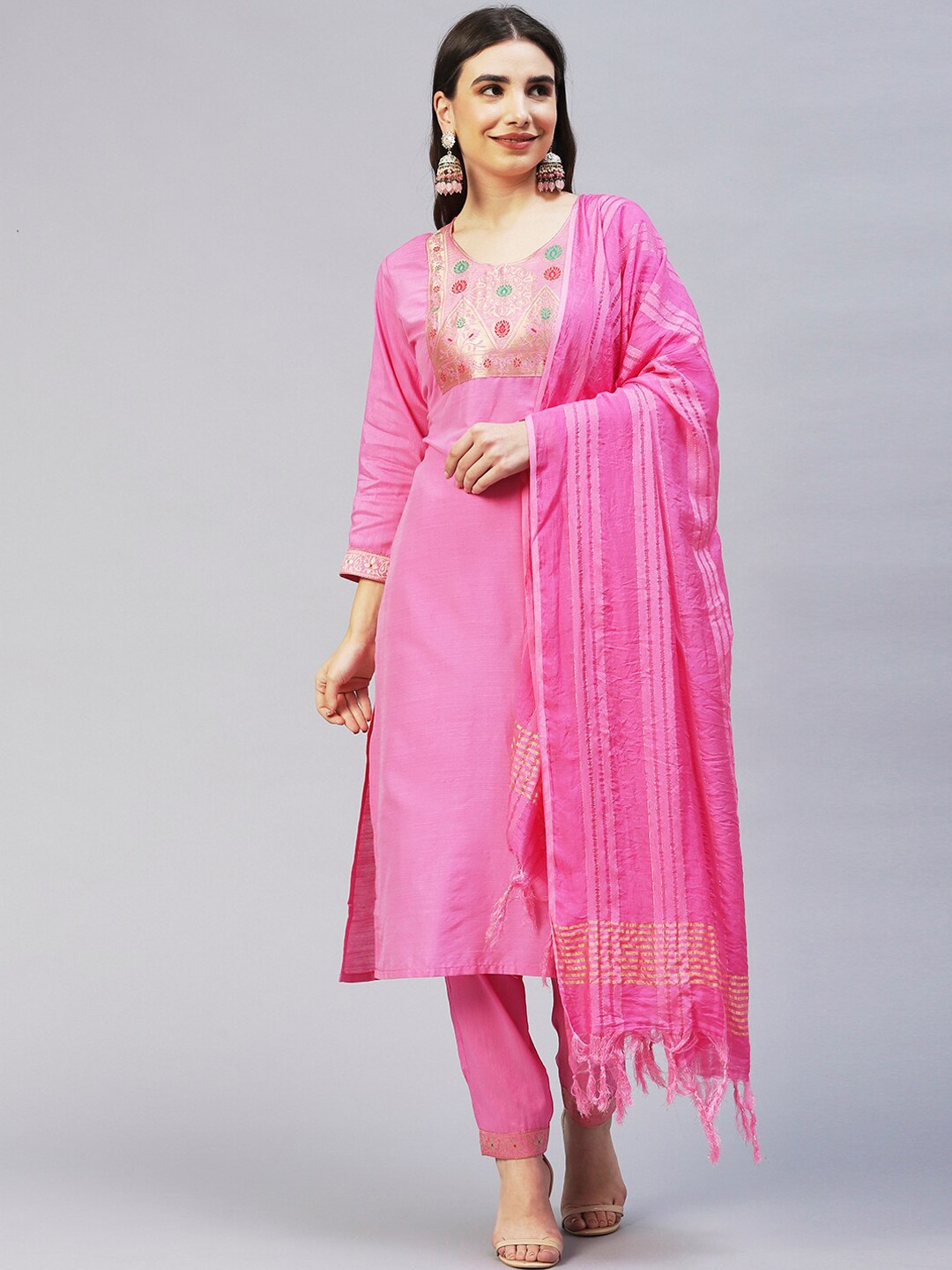 

POONAM DESIGNER Women Pink Floral Yoke Design Kurta With Trousers & Dupatta