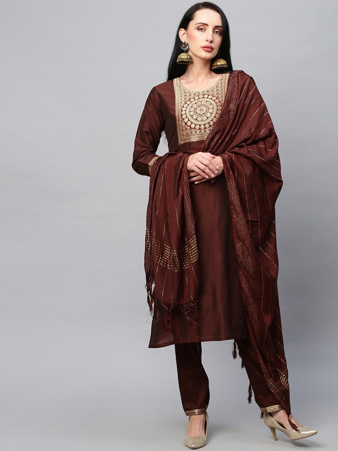 

POONAM DESIGNER Women Brown Yoke Design Kurta With Trousers & Dupatta