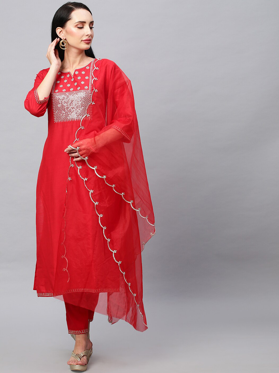 

POONAM DESIGNER Women Red Floral Embroidered Sequinned Kurta With Trousers & Dupatta