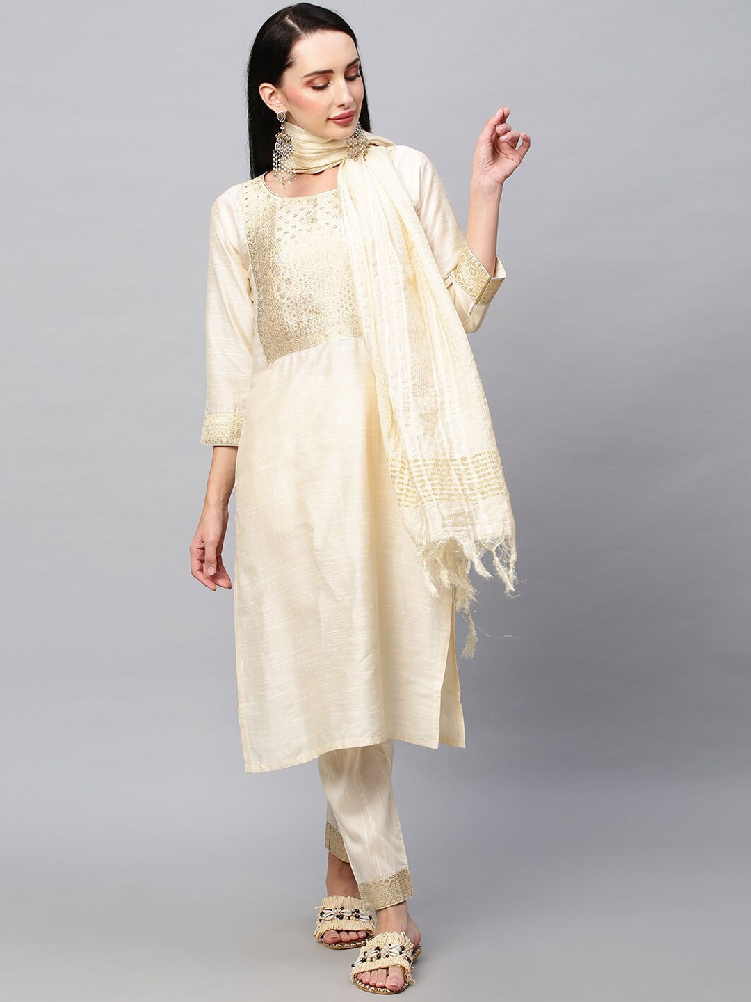 

POONAM DESIGNER Women Cream Kurta With Trousers & Dupatta