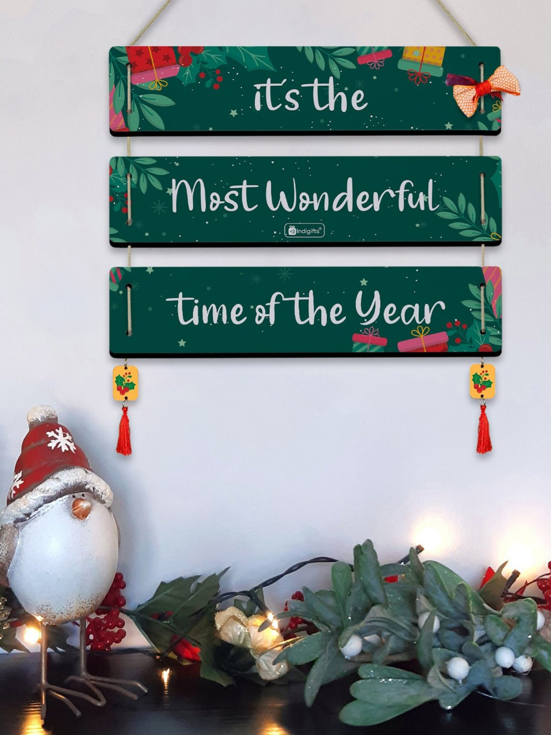 

Indigifts Christmas Quotes Printed Teal 3 Panel Hanging & Reversible Santa Soft Toy, Green