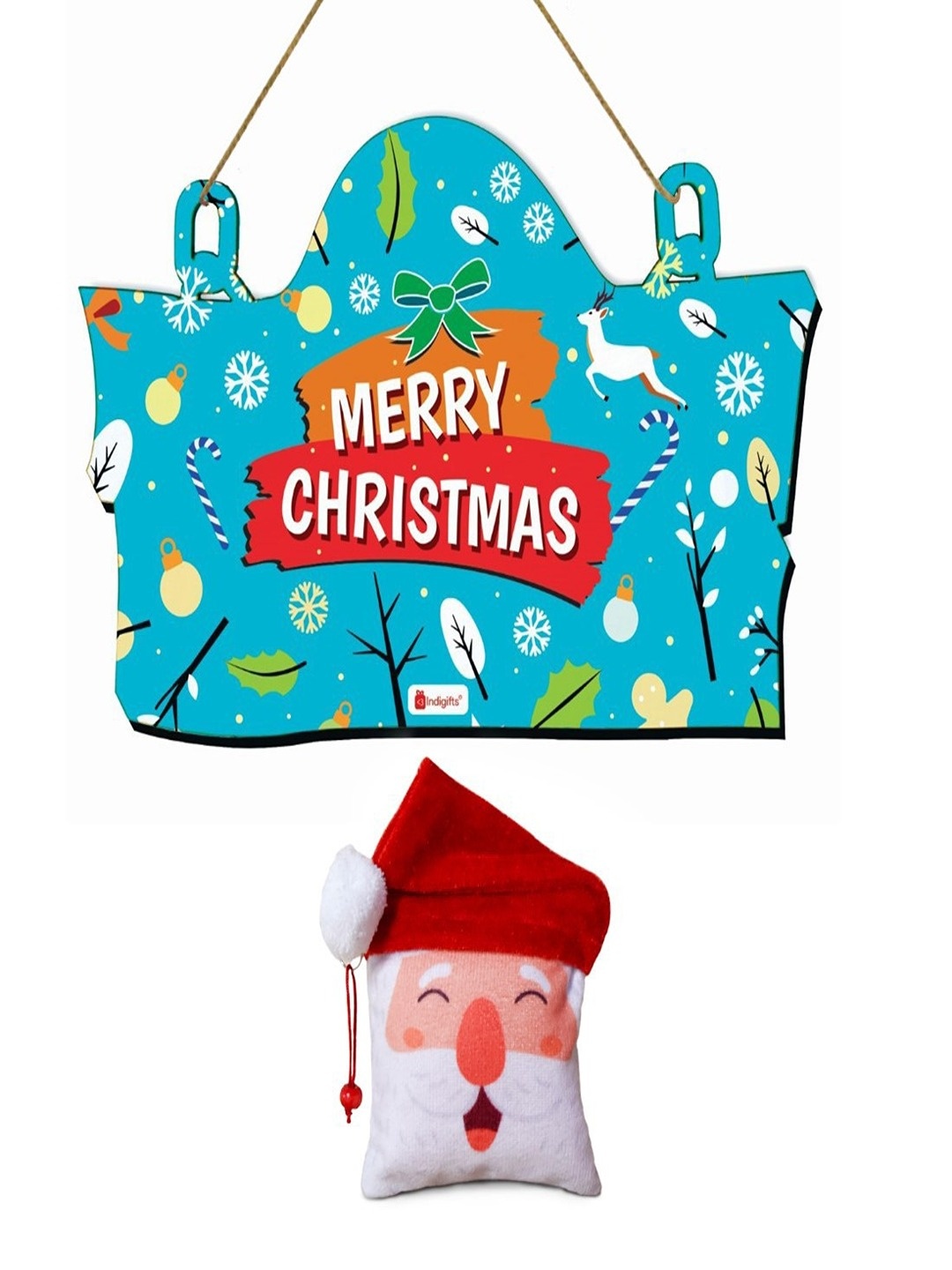 

Indigifts Blue & Red Christmas Printed Door Hanging & Santa Soft Toy