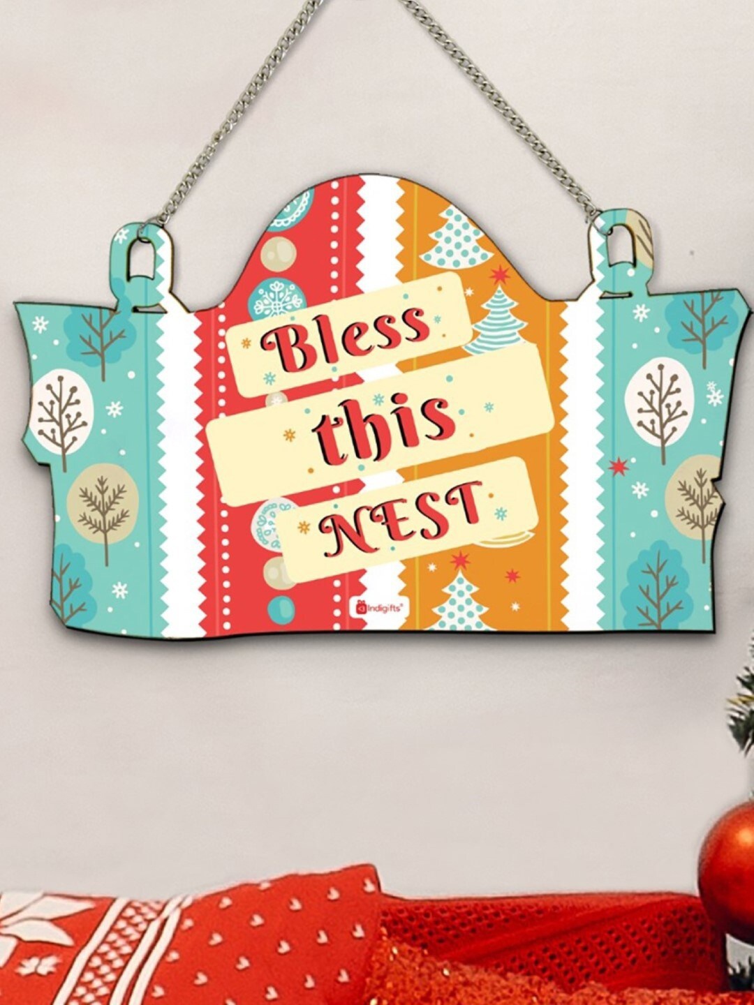 

Indigifts Blue & Red Christmas Printed Wall Hanging with Reversible Santa Soft Toy