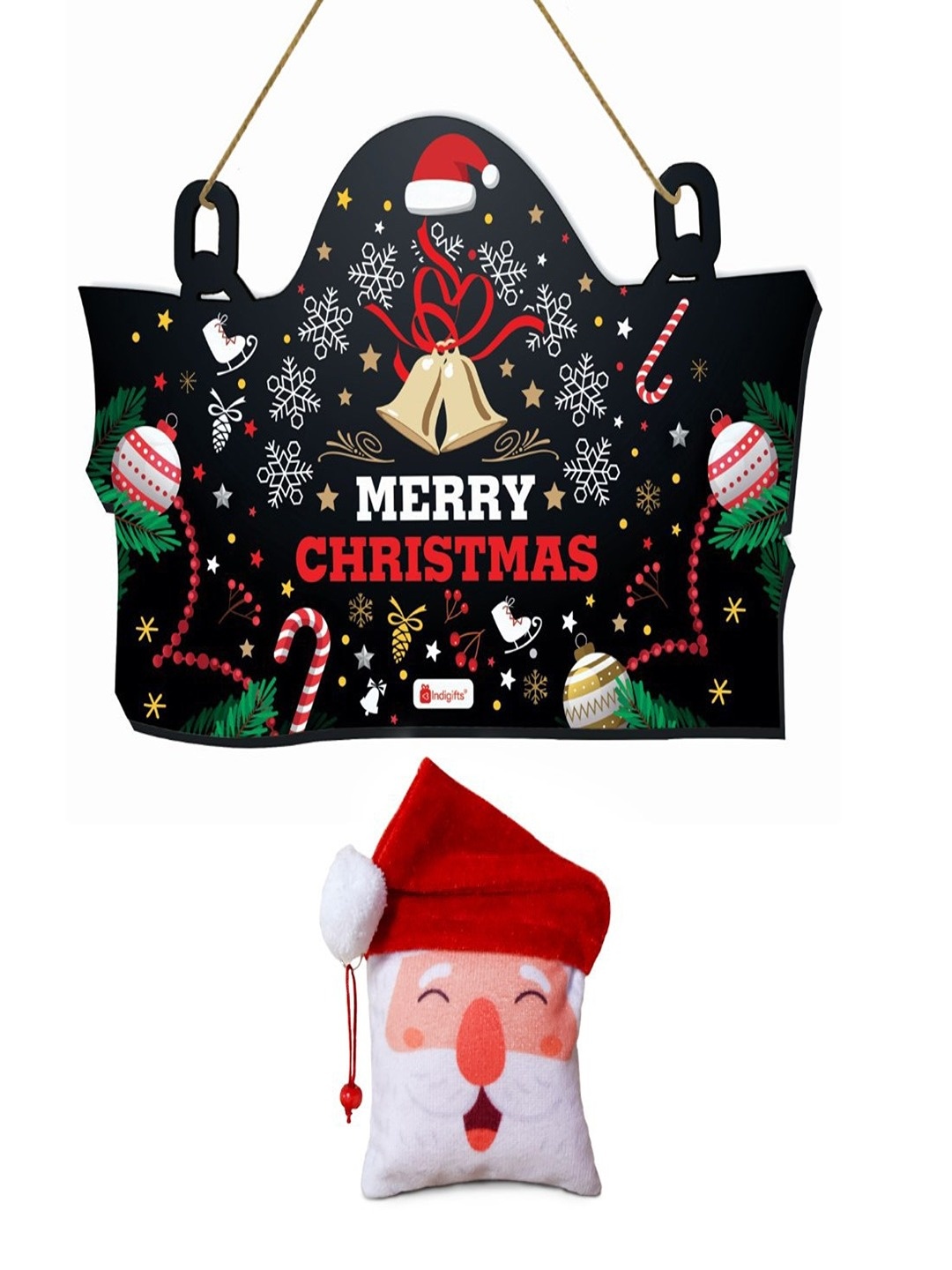 

Indigifts Red Printed Christmas Wooden Wall Hanging & Reversible Santa Soft Toy