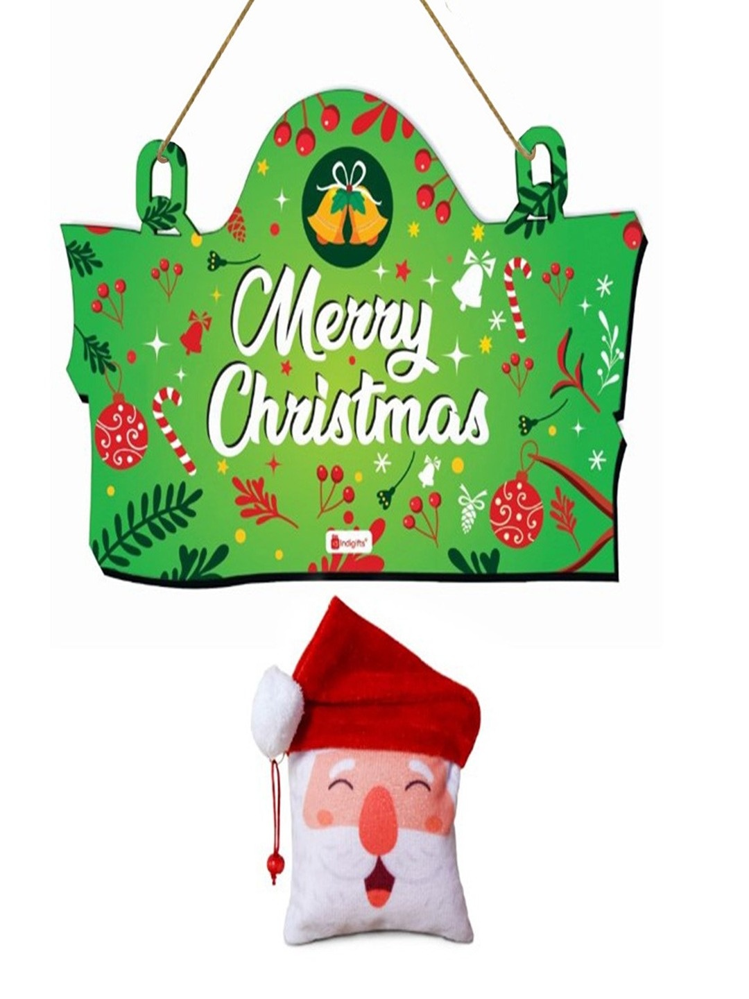 

Indigifts Christmas Green & Red Printed Green Door Hanging & Reversible Santa Soft Toy