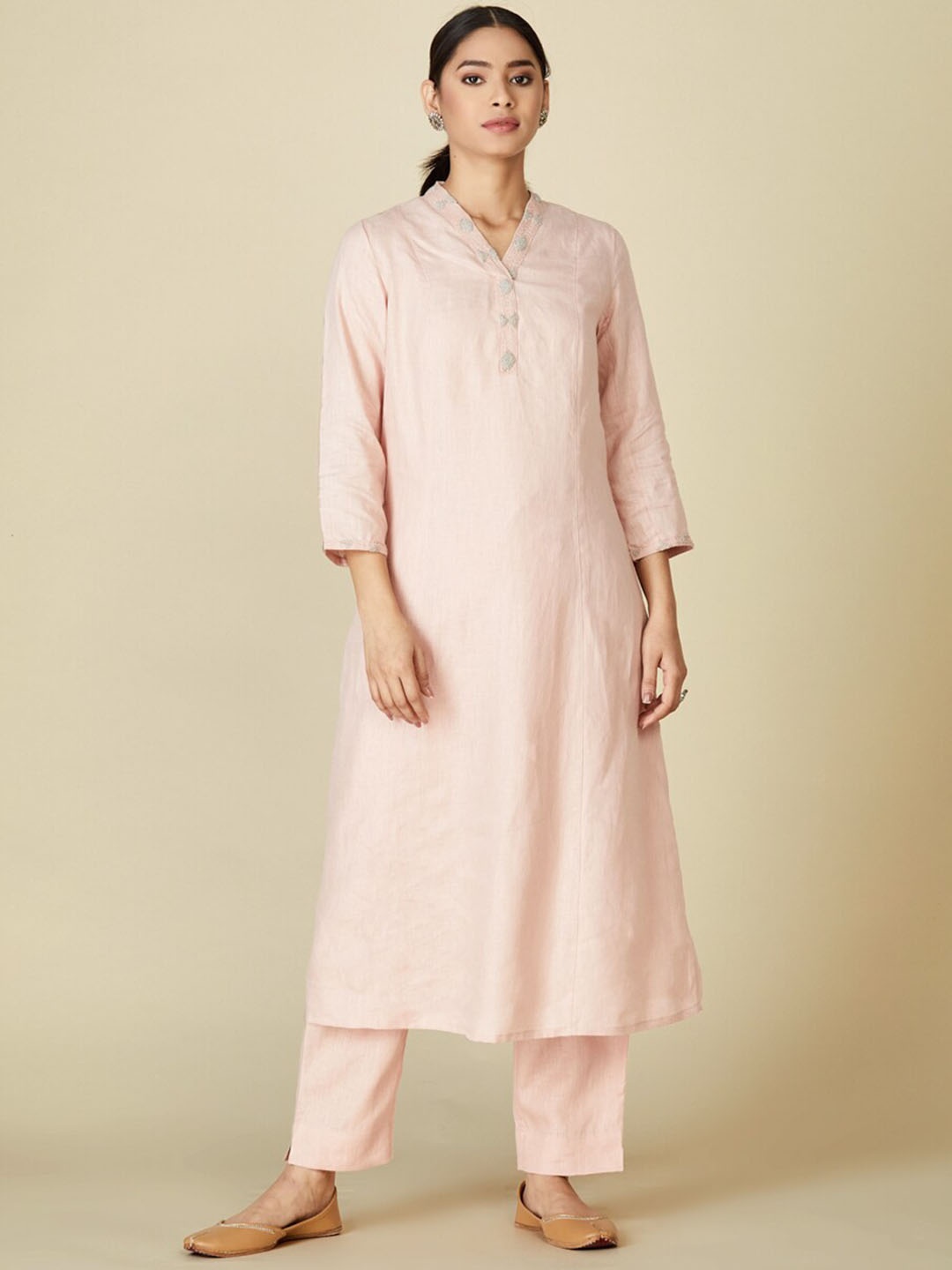 

Fabindia Women Pink Linen Kurta with Trousers