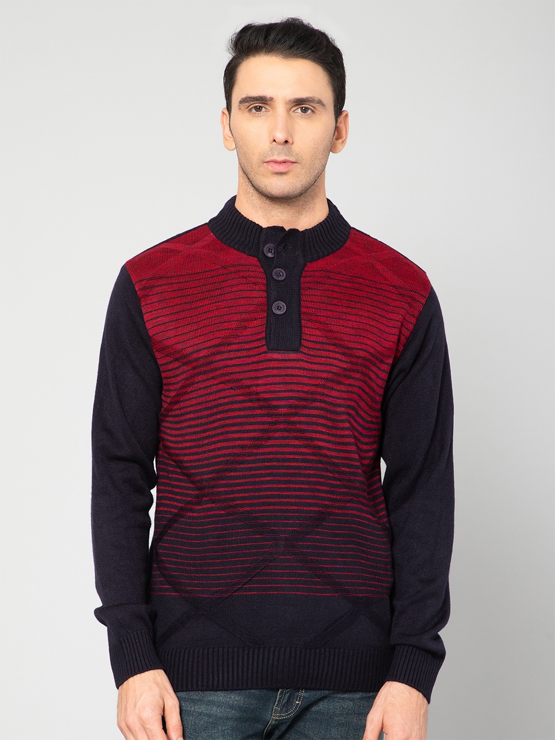 

Cantabil Men Maroon & Black Striped Pullover