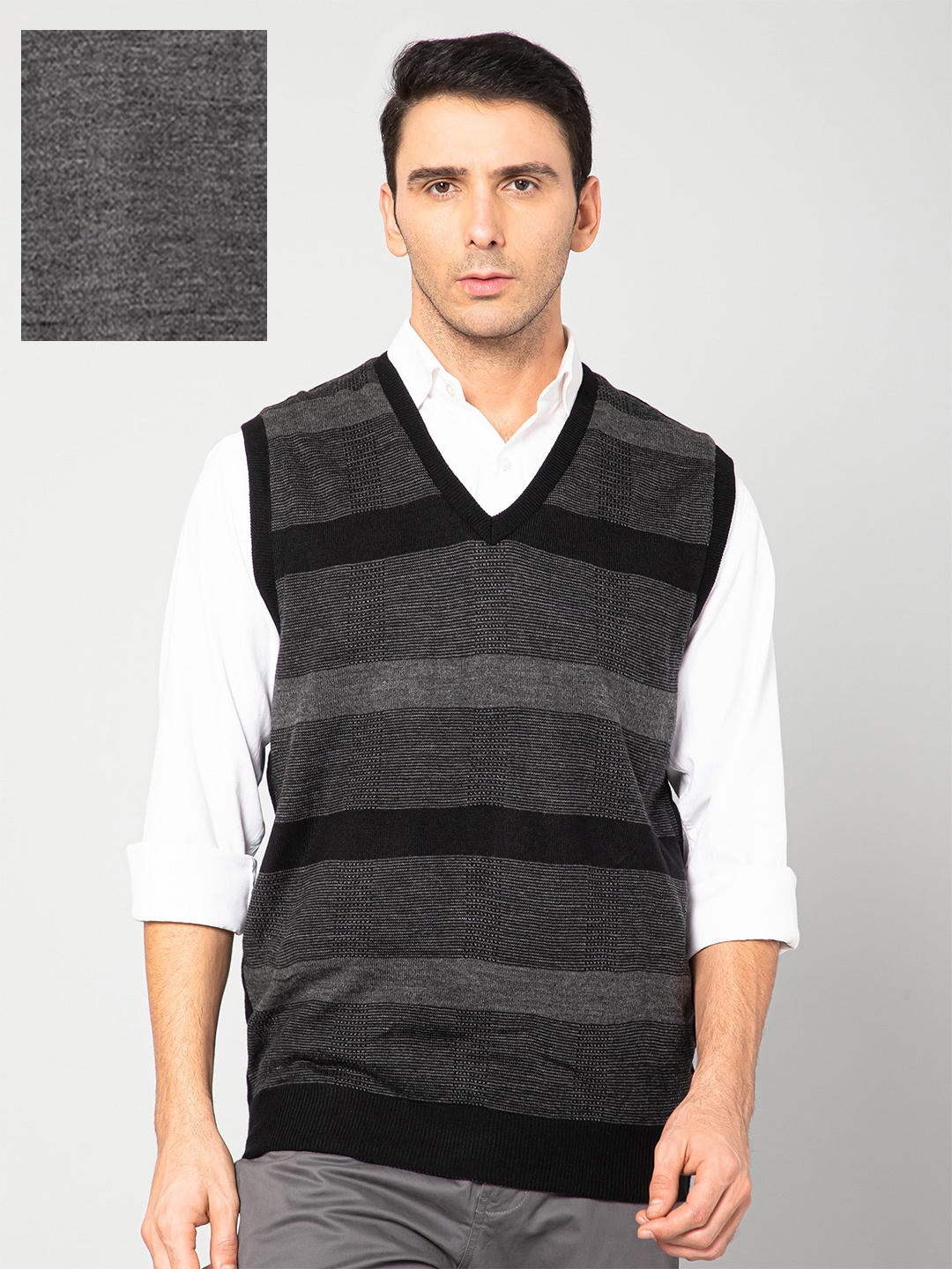 

Cantabil Men Grey & Black Striped Reversible Acrylic Sweater Vest