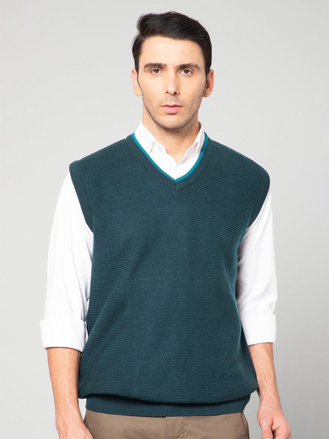 

Cantabil Men Teal Blue Acrylic Sweater Vest